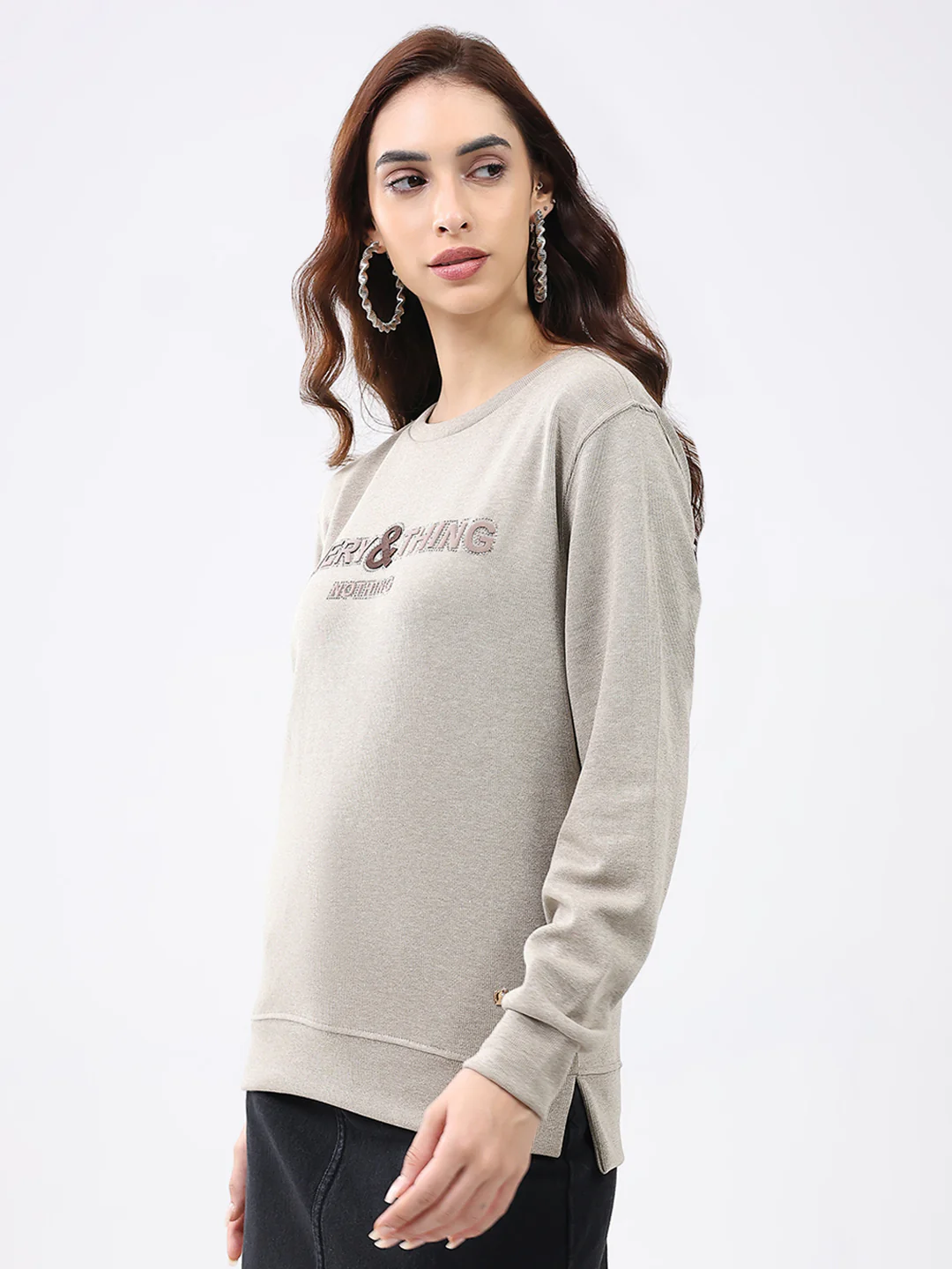 Women Beige Printed Round Neck Full Sleeve Winter Top - Image 3
