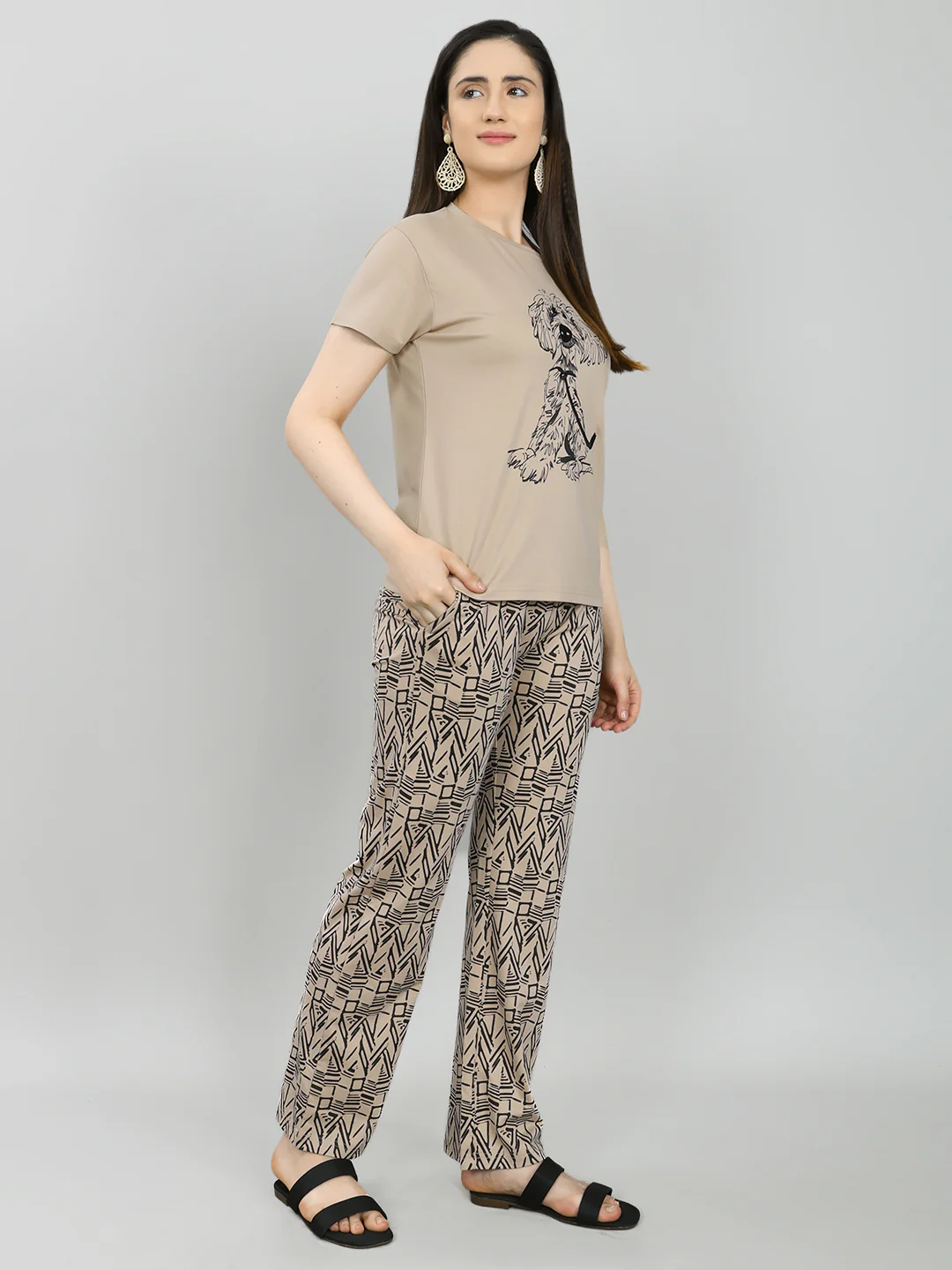 Women Beige Printed Round Neck Half Sleeve Combo 3 Pc Set (Top, Shorts & Lower) - Image 3