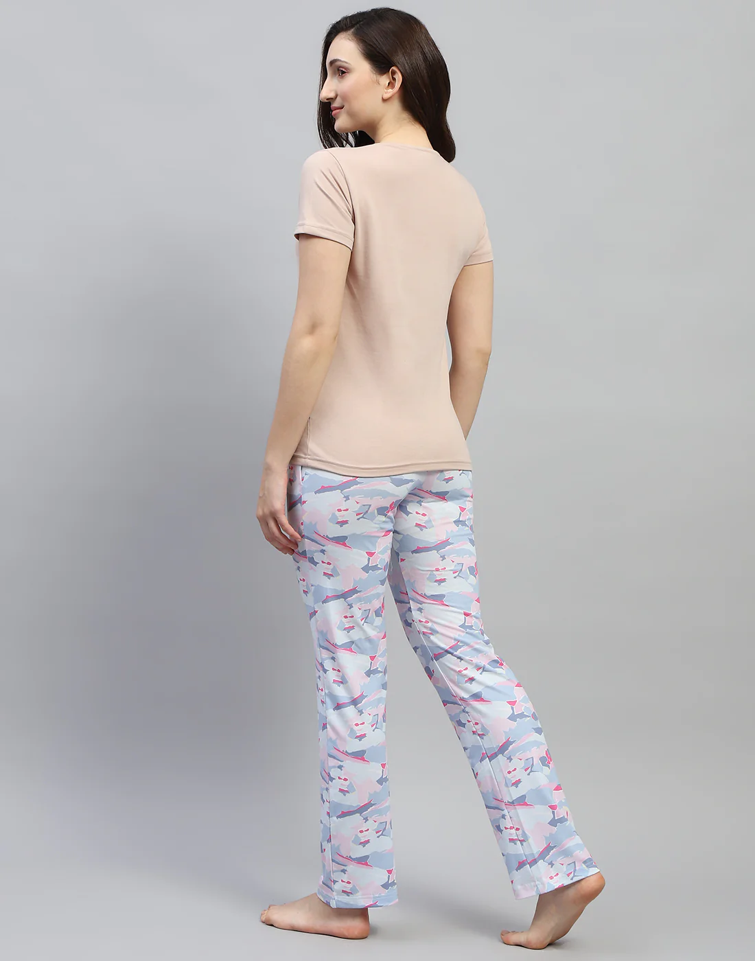 Women Beige Printed Round Neck Half Sleeve Lower Set - Image 5