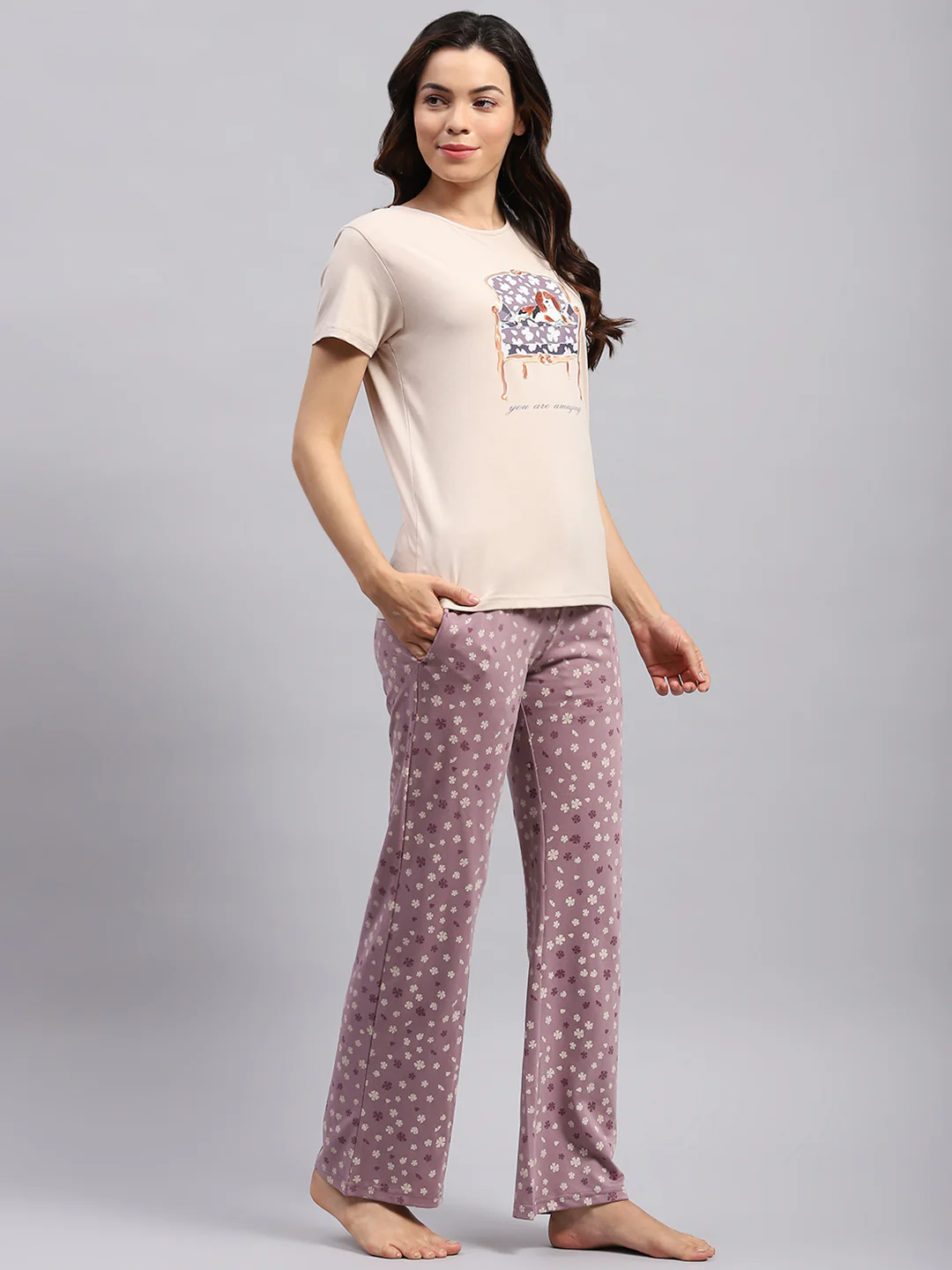 Women Beige Printed Round Neck Half Sleeve Lower Set - Image 4
