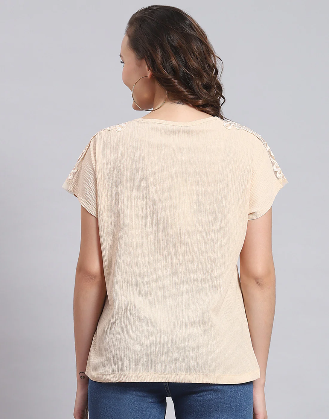 Women Beige Printed Round Neck Half Sleeve Top - Image 5