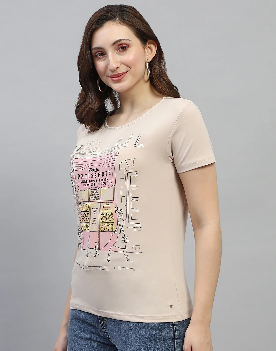 Women Beige Printed Round Neck Half Sleeve Top - Image 3