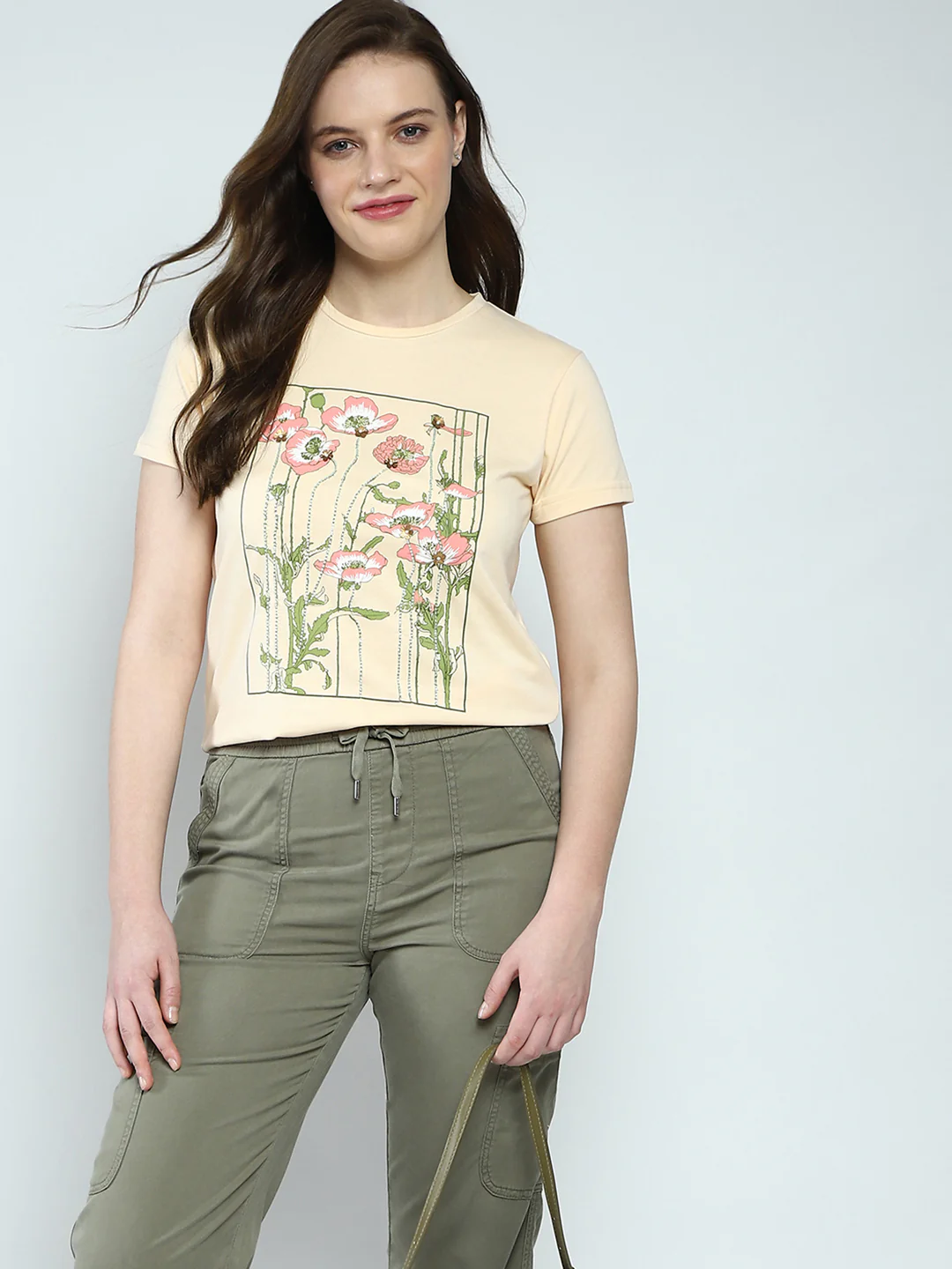 Women Beige Printed Round Neck Half Sleeve Top - Image 6