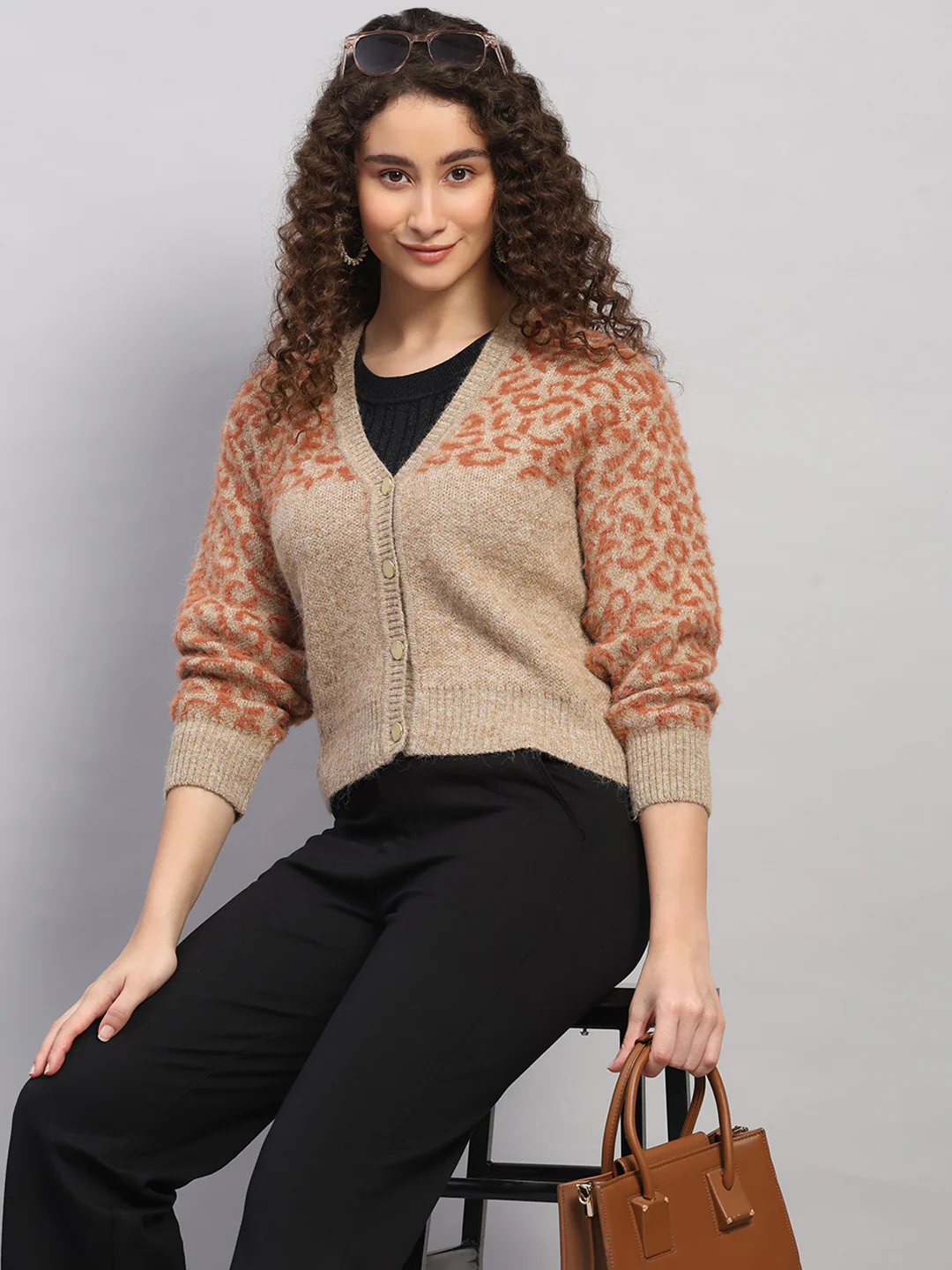 Women Beige Printed V Neck Full Sleeve Cardigan - Image 6