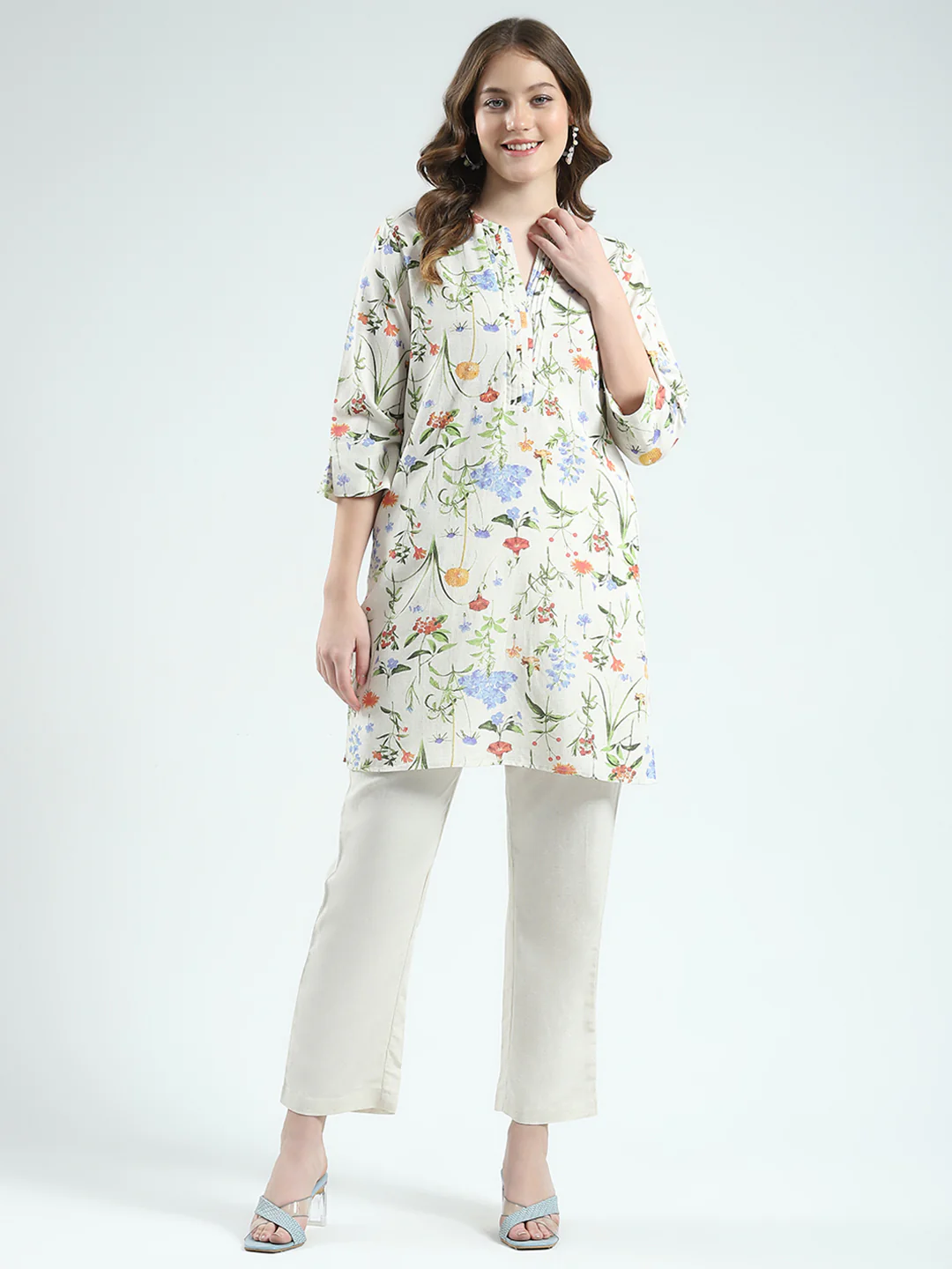 Women Beige Printed Round Neck Full Sleeve Cords Set - Image 3
