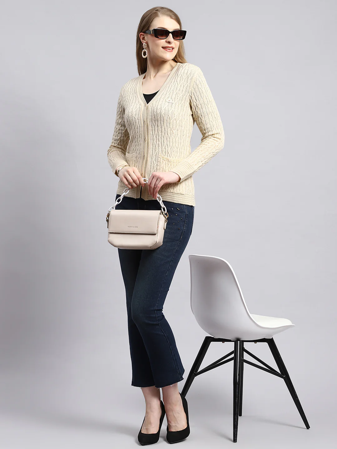 Women Beige Self Cardigan - Image 5