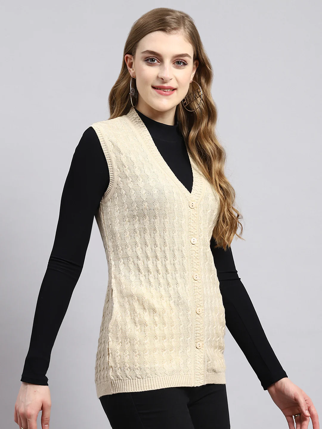 Women Beige Self Cardigan - Image 2