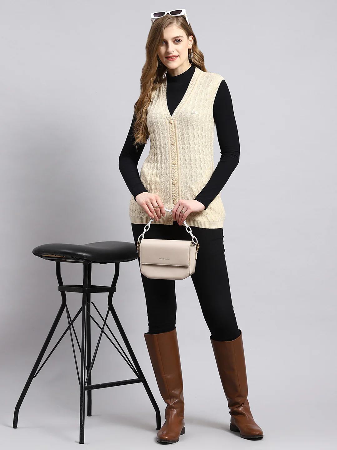 Women Beige Self Cardigan - Image 5