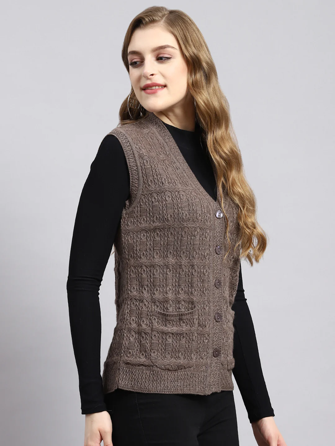 Women Beige Self Cardigan - Image 2
