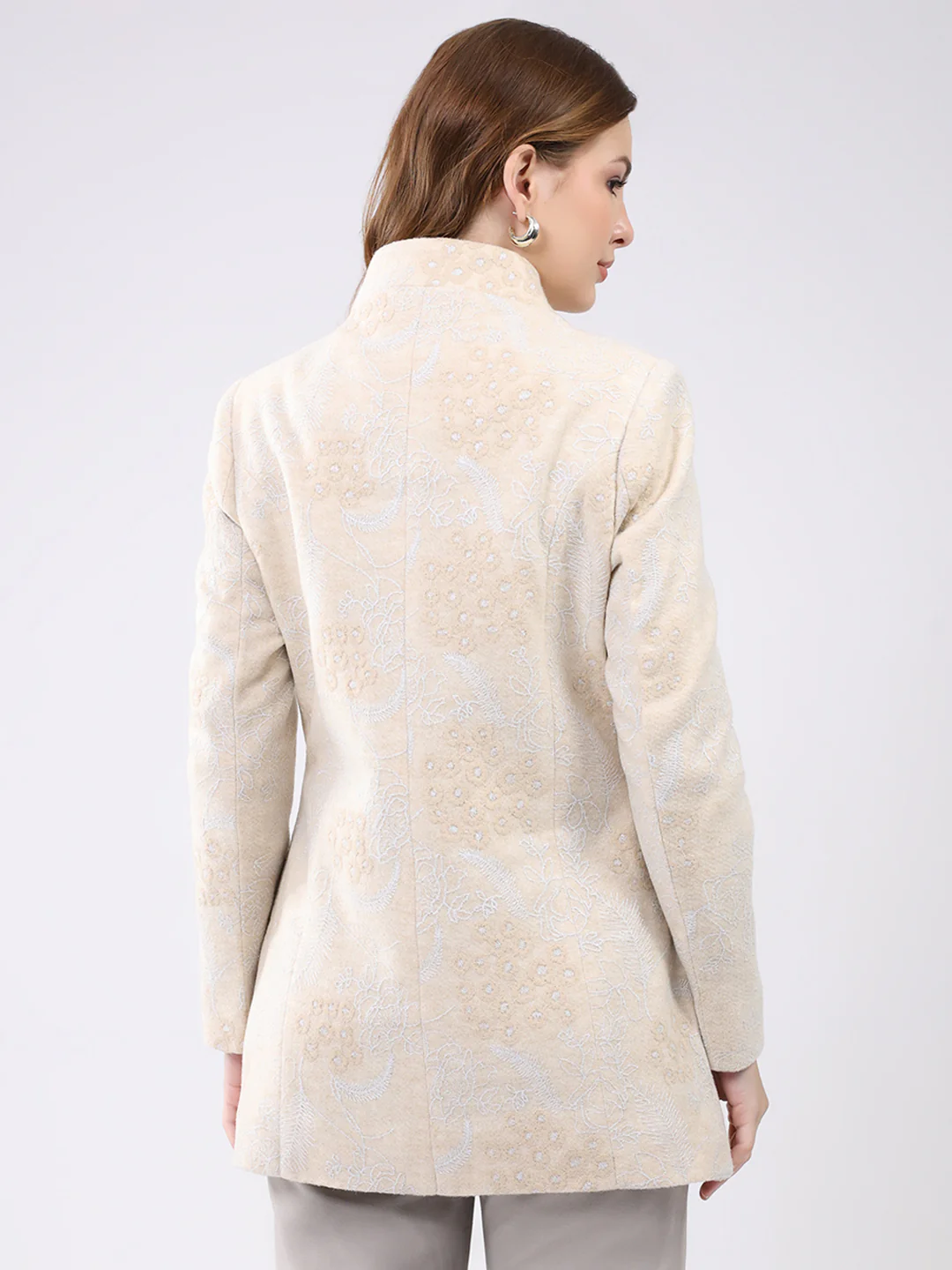 Women Beige Self Design Band Neck Full Sleeve Coat - Image 5