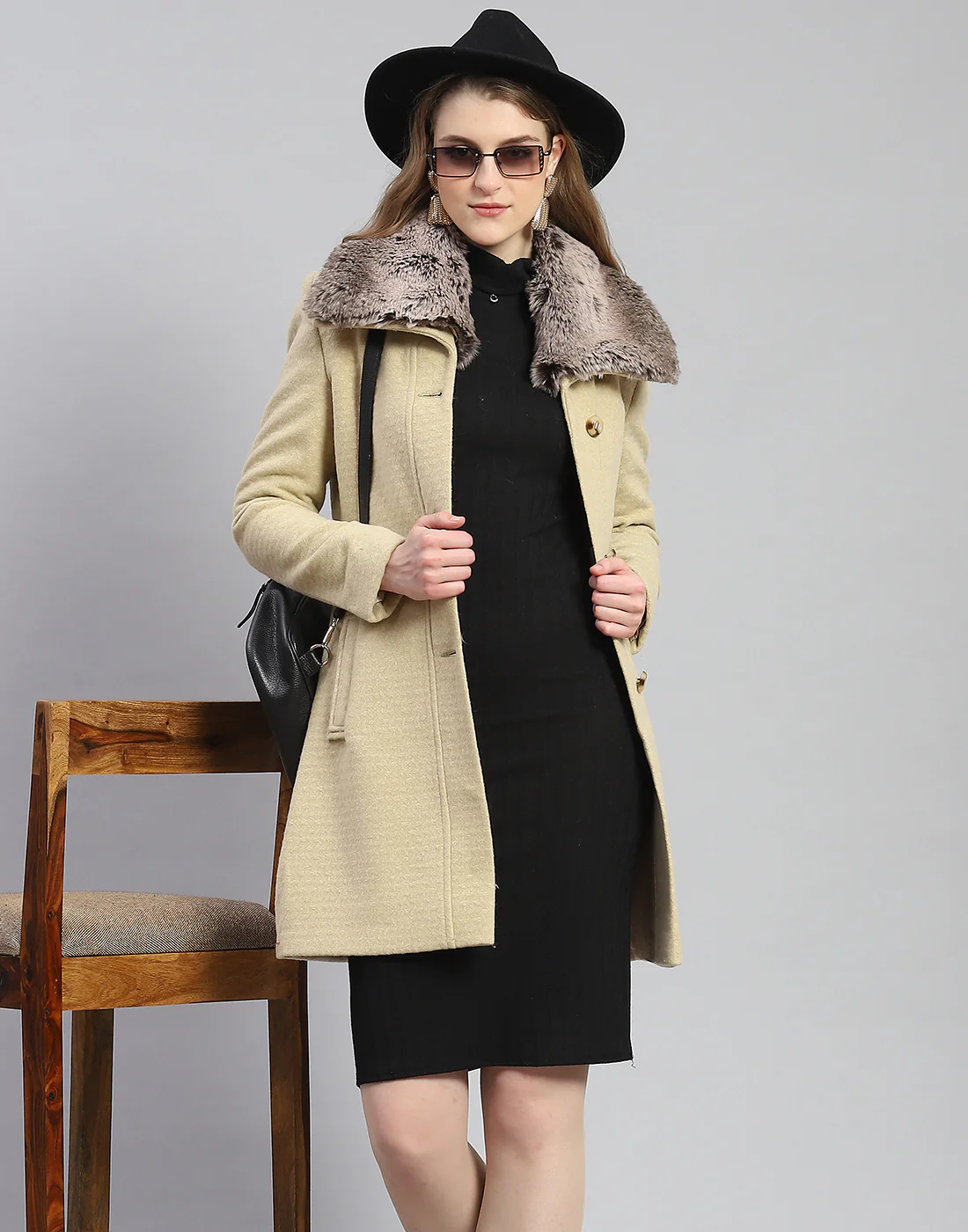 Women Beige Self Design Collar Full Sleeve Coat - Image 6