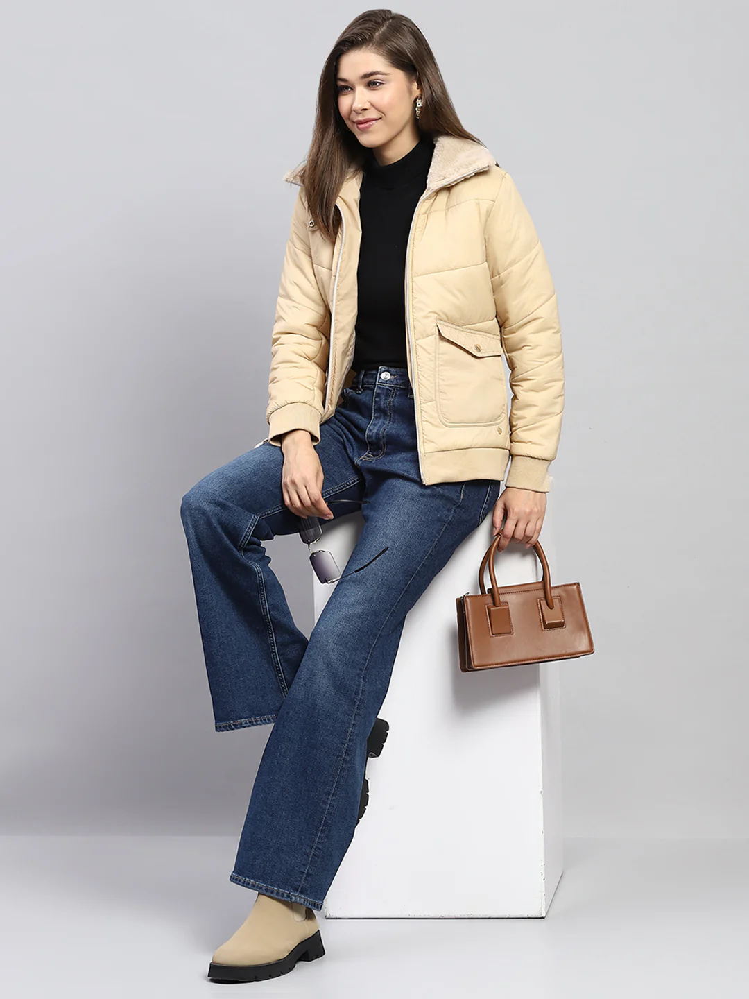 Women Beige Self Design Collar Full Sleeve Jacket - Image 2