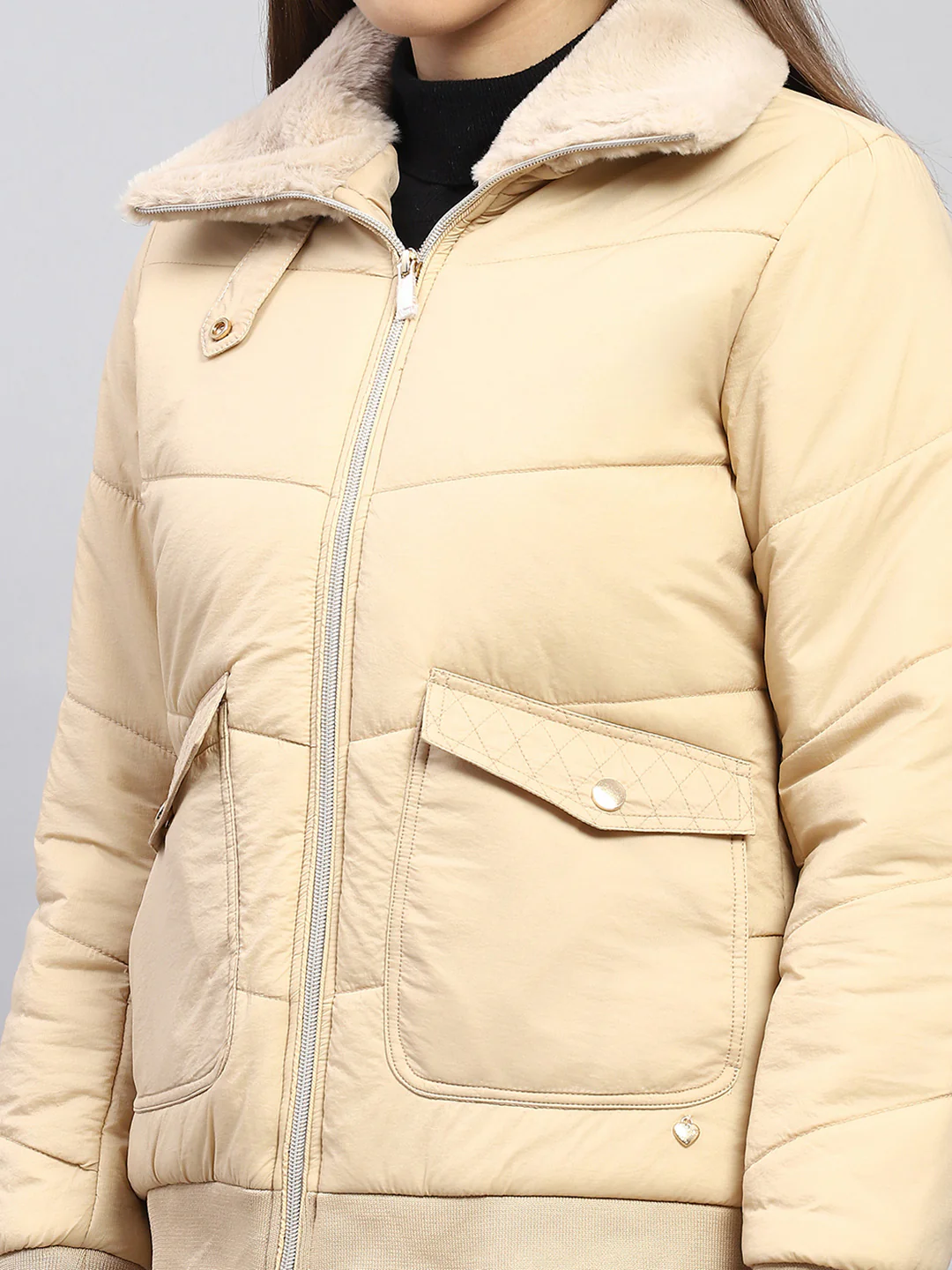 Women Beige Self Design Collar Full Sleeve Jacket - Image 6