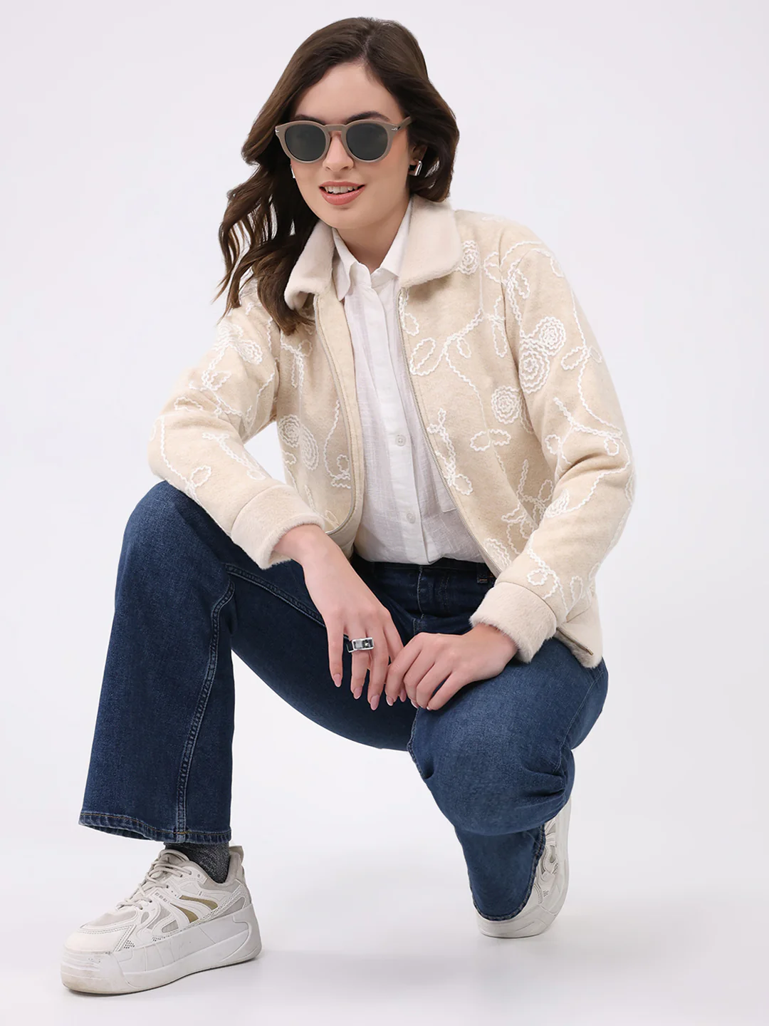Women Beige Self Design Collar Full Sleeve Sweatshirt - Image 2