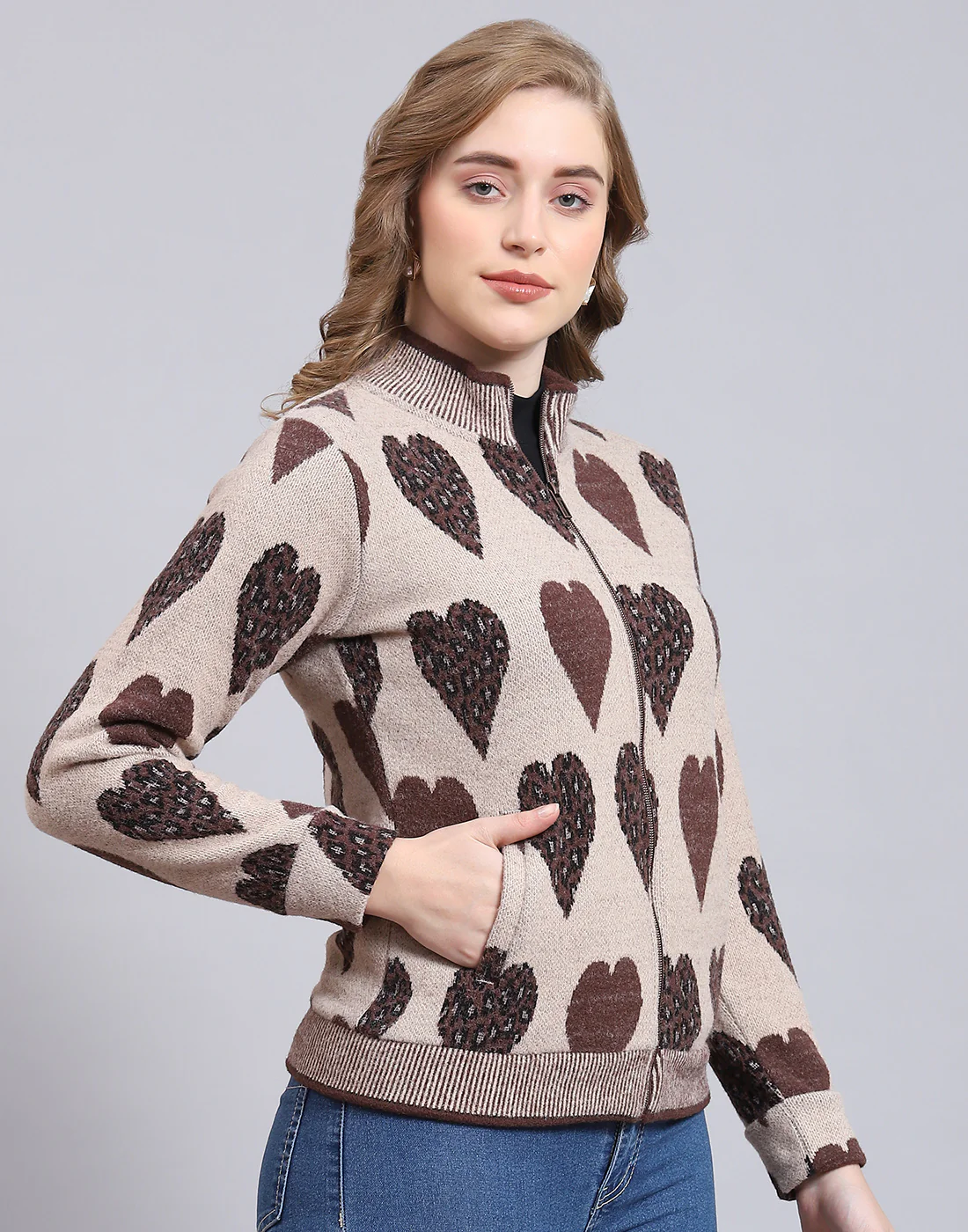 Women Beige Self Design F Neck Full Sleeve Sweatshirt - Image 4