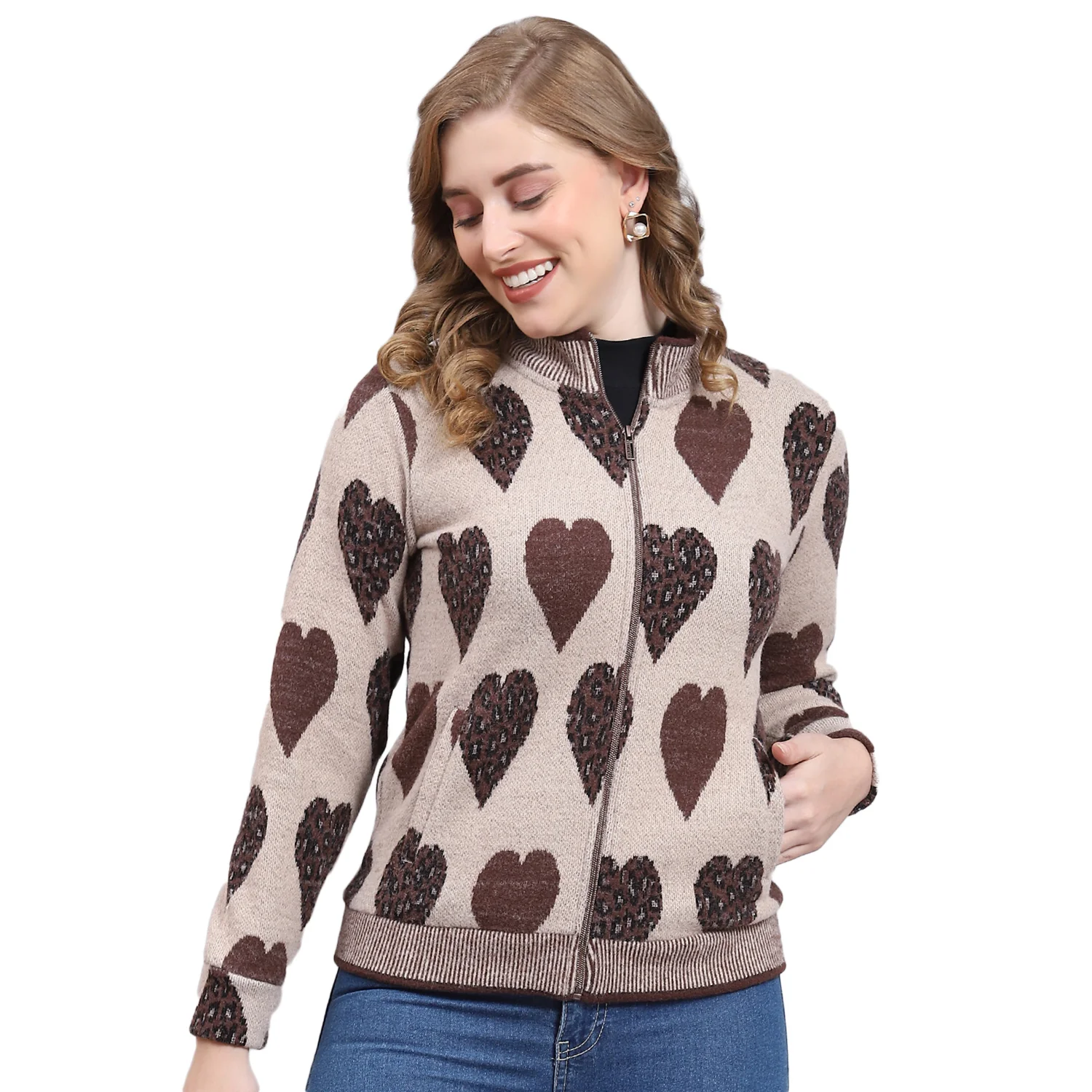 Women Beige Self Design F Neck Full Sleeve Sweatshirt - Image 5