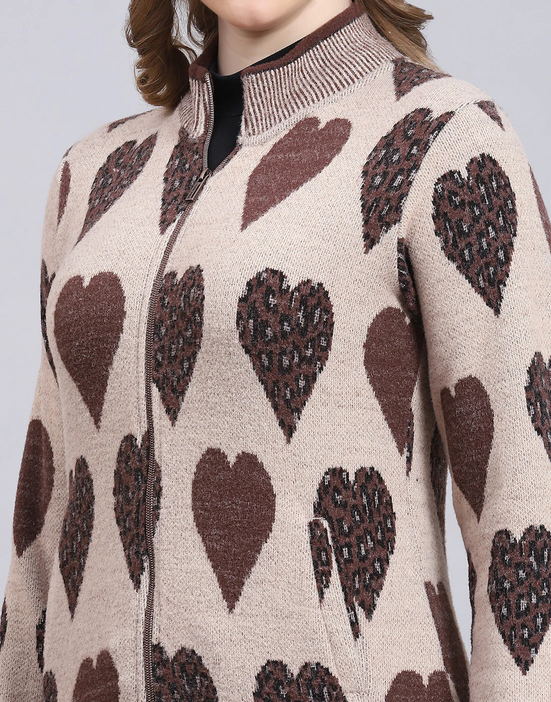 Women Beige Self Design F Neck Full Sleeve Sweatshirt - Image 7