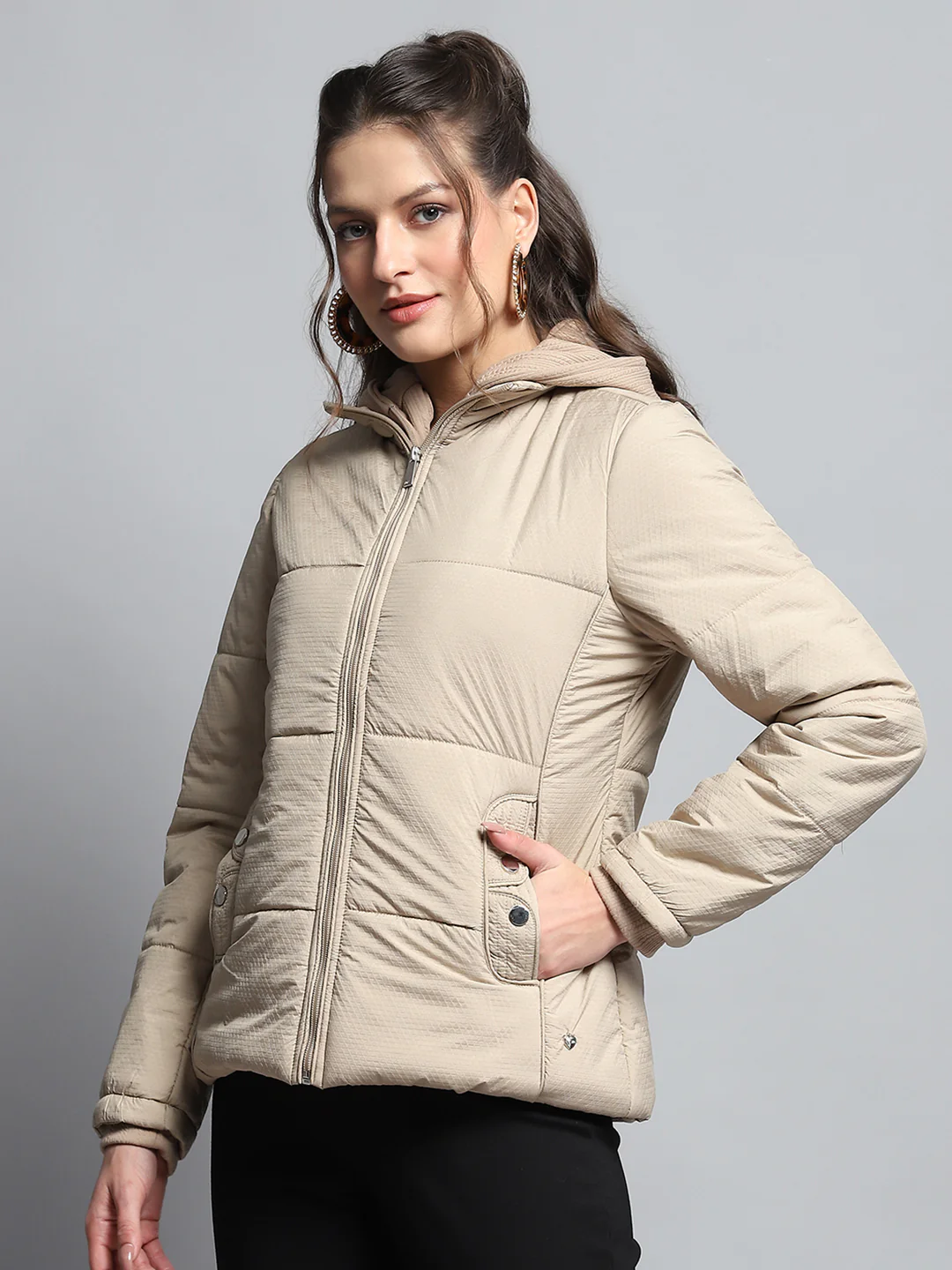 Women Beige Self Design Hooded Full Sleeve Jacket - Image 3