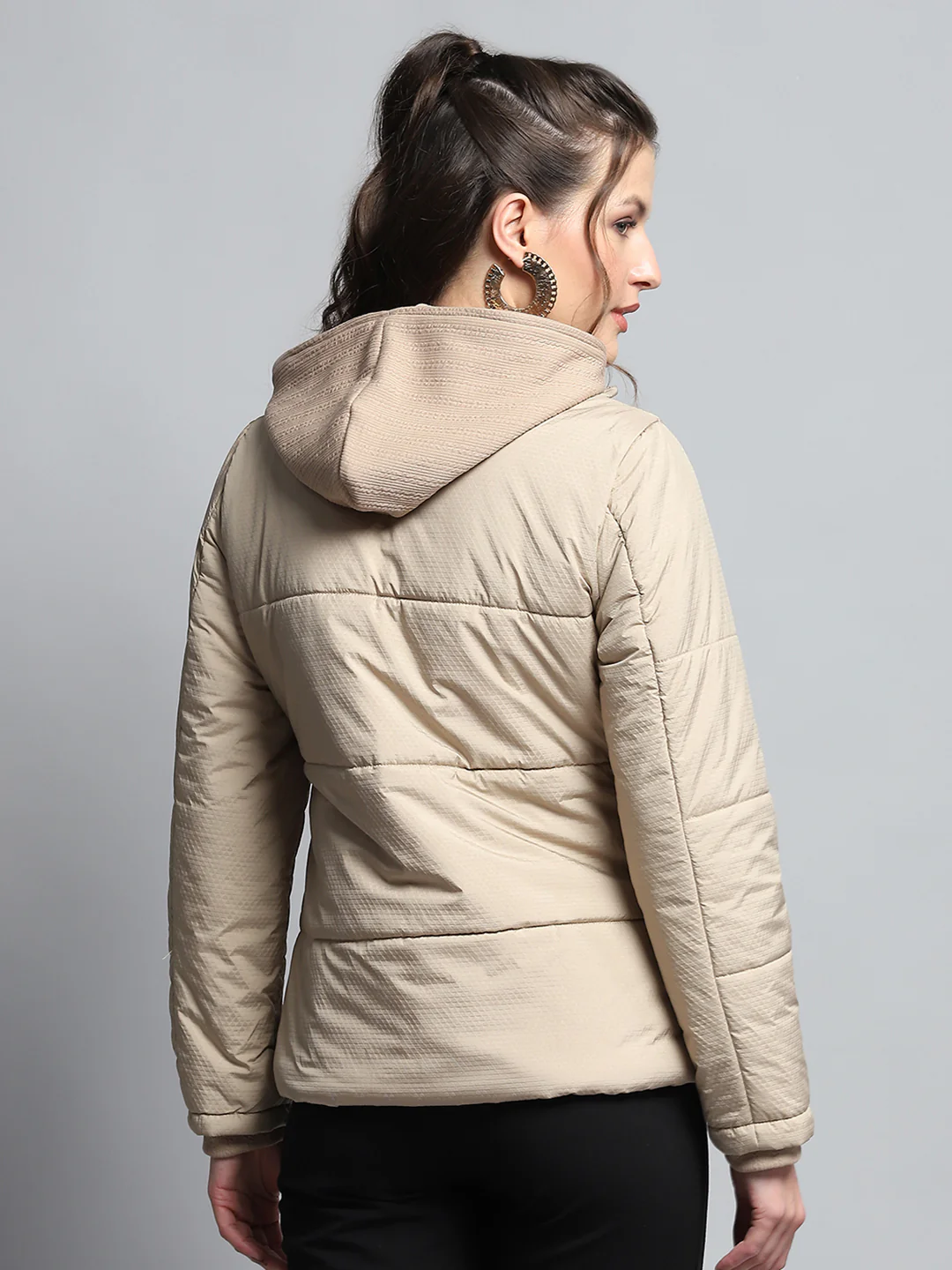 Women Beige Self Design Hooded Full Sleeve Jacket - Image 5