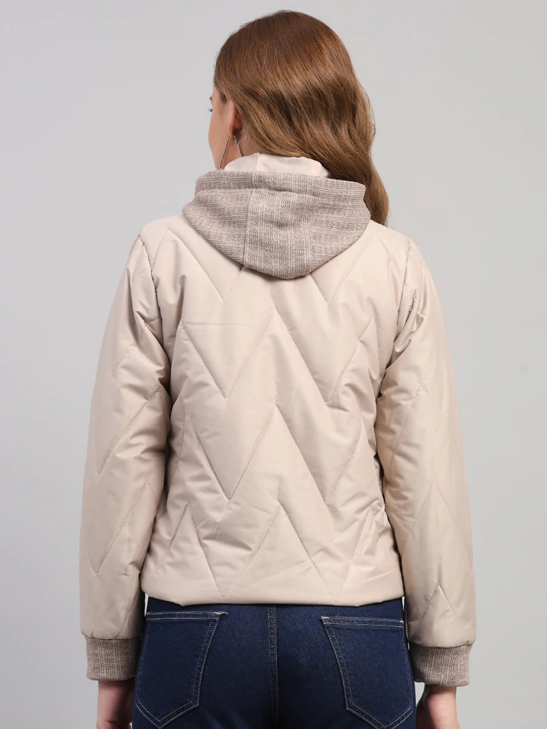 Women Beige Self Design Hooded Full Sleeve Jacket - Image 5