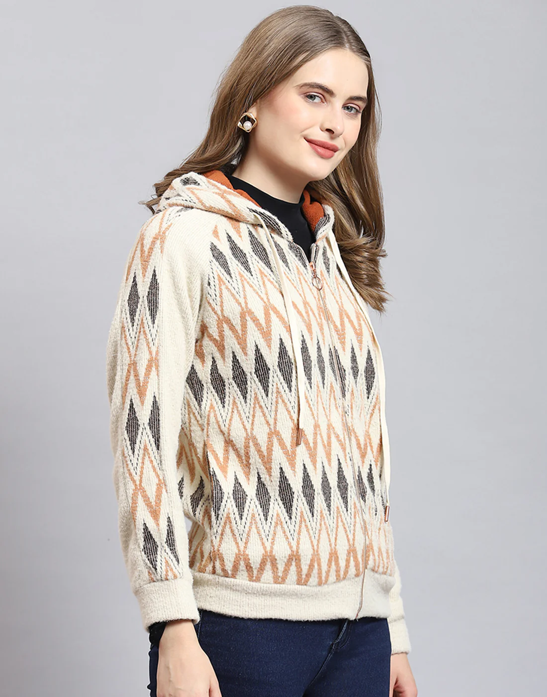 Women Beige Self Design Hooded Full Sleeve Sweatshirt - Image 5