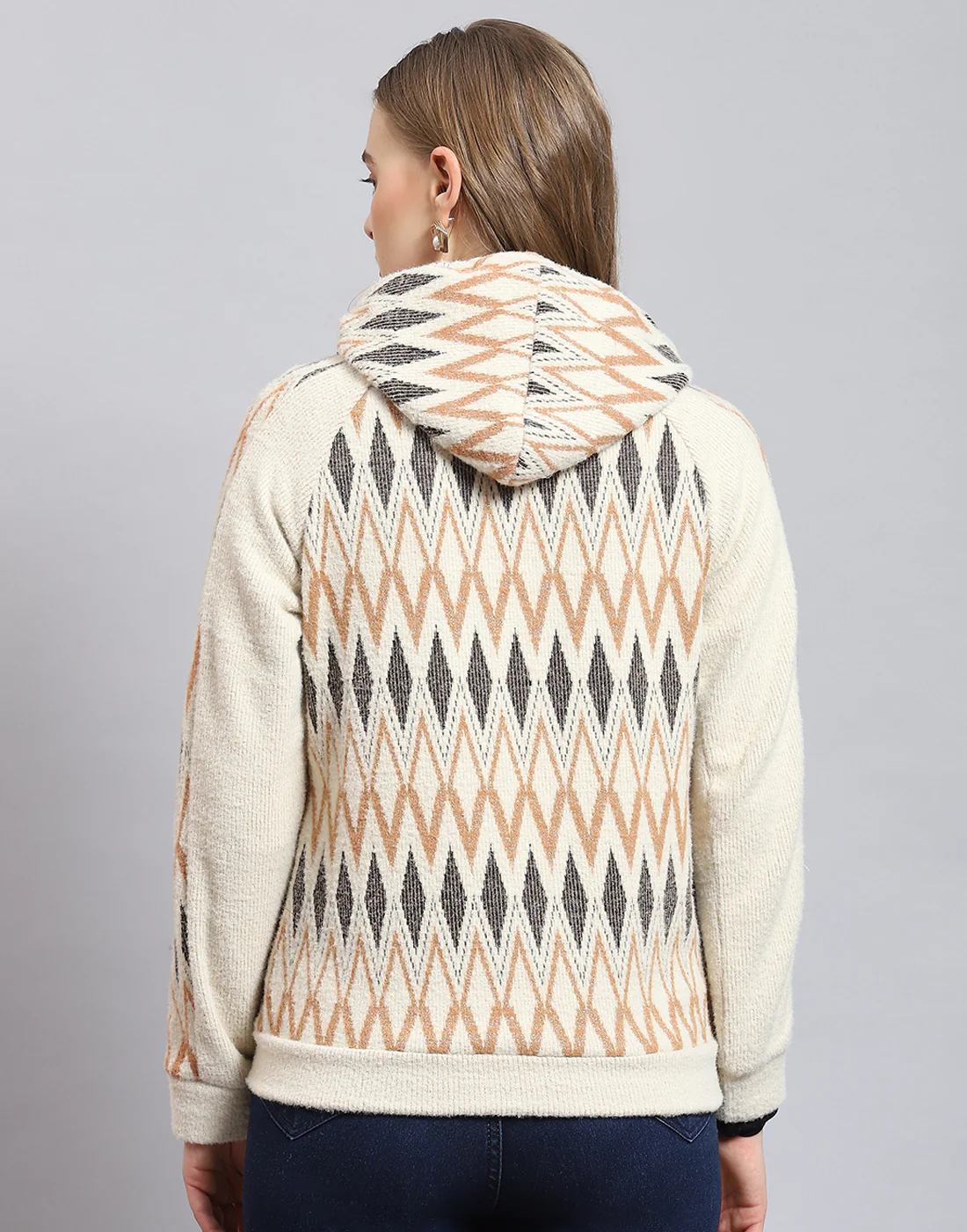 Women Beige Self Design Hooded Full Sleeve Sweatshirt - Image 6