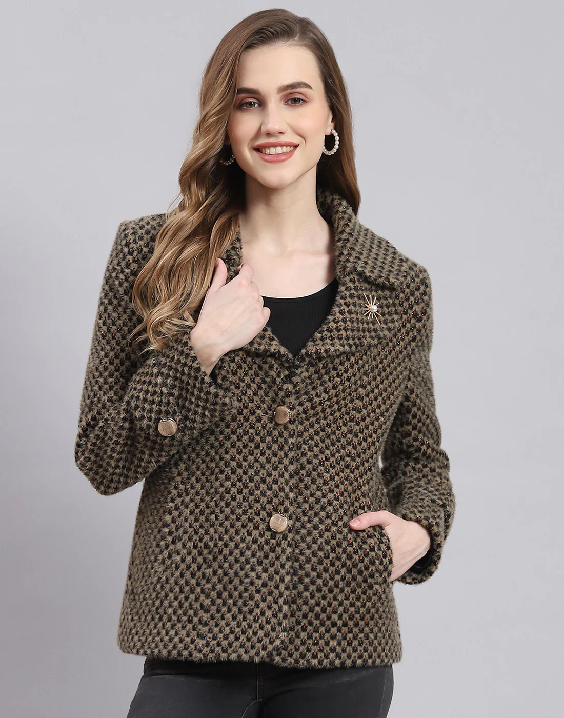 Women Beige Self Design Lapel Collar Full Sleeve Coat - Image 2