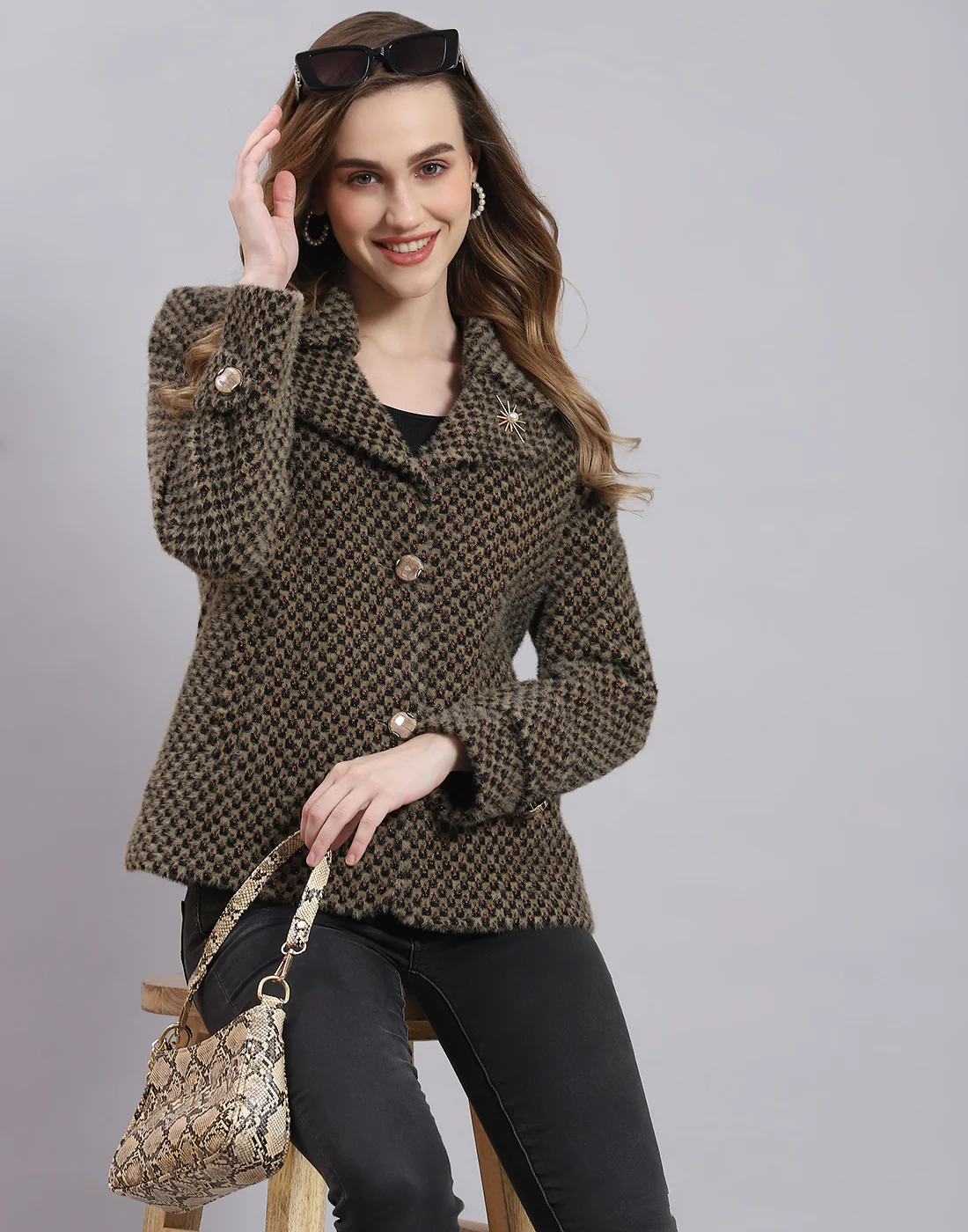 Women Beige Self Design Lapel Collar Full Sleeve Coat - Image 6