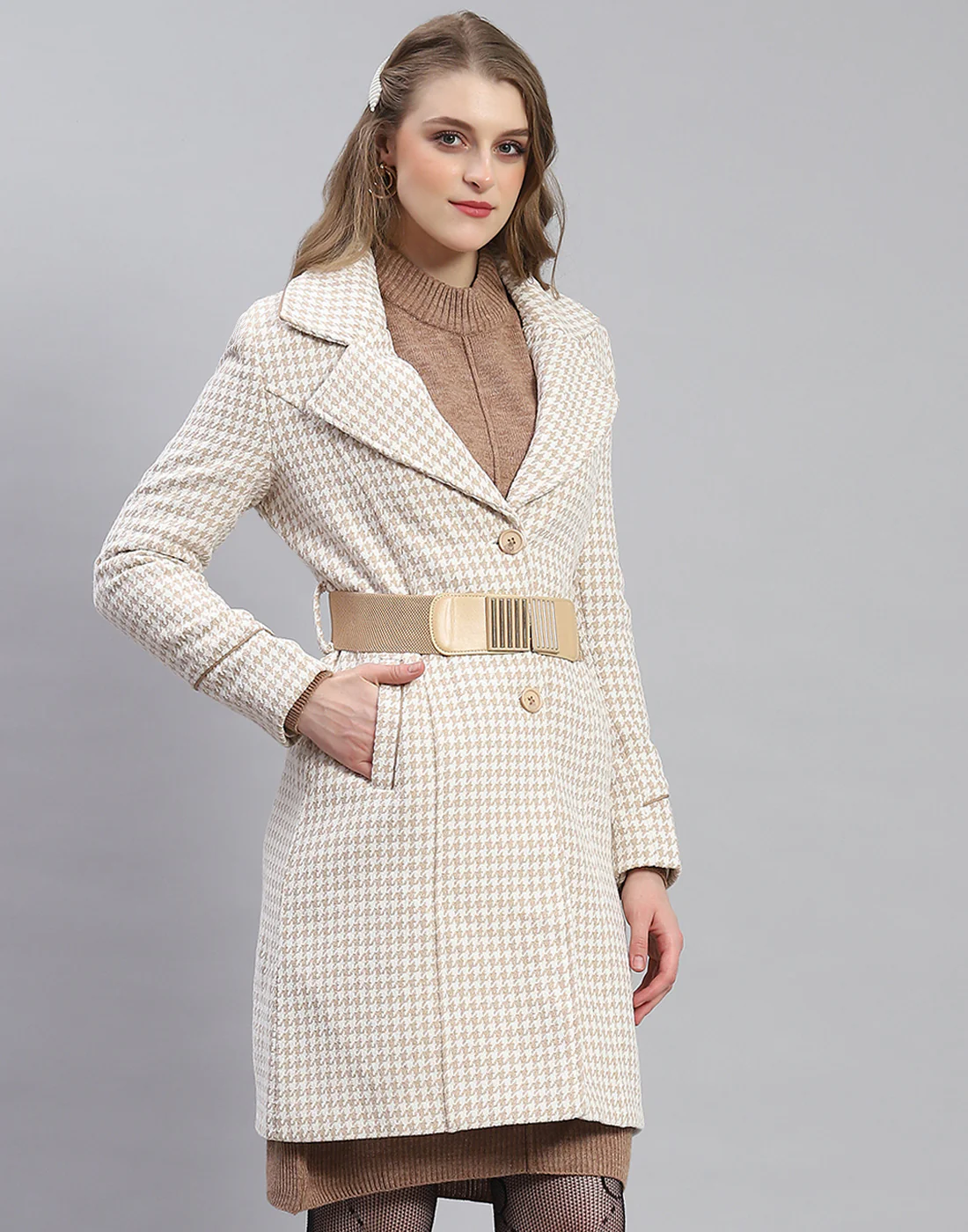 Women Beige Self Design Lapel Collar Full Sleeve Coat - Image 4