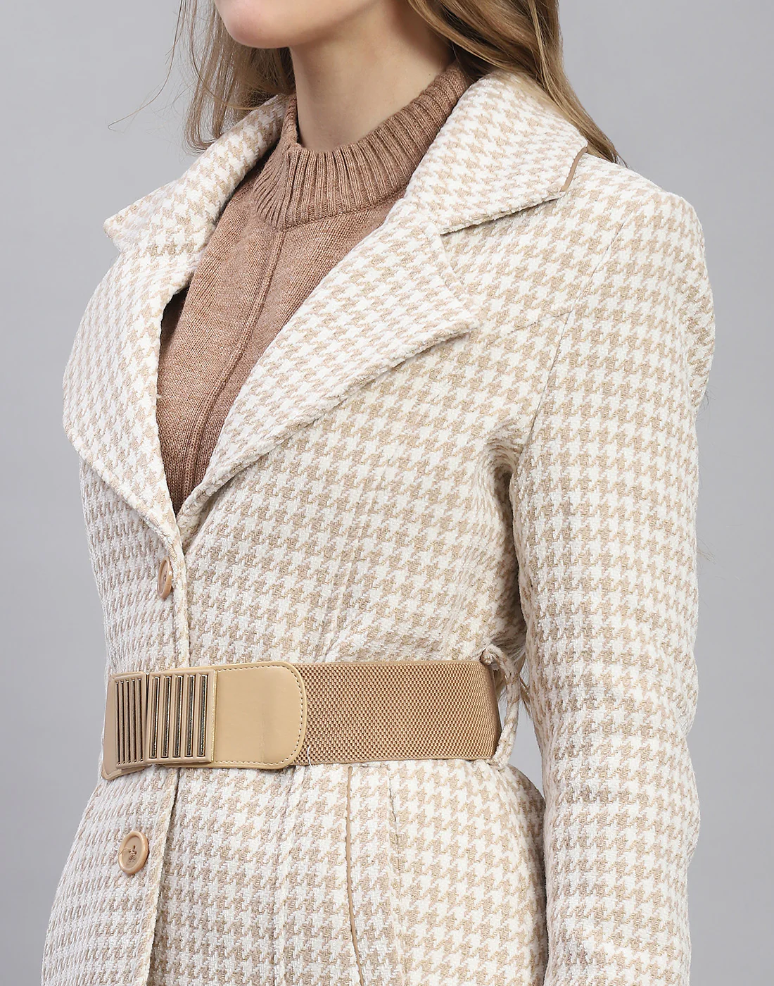 Women Beige Self Design Lapel Collar Full Sleeve Coat - Image 7