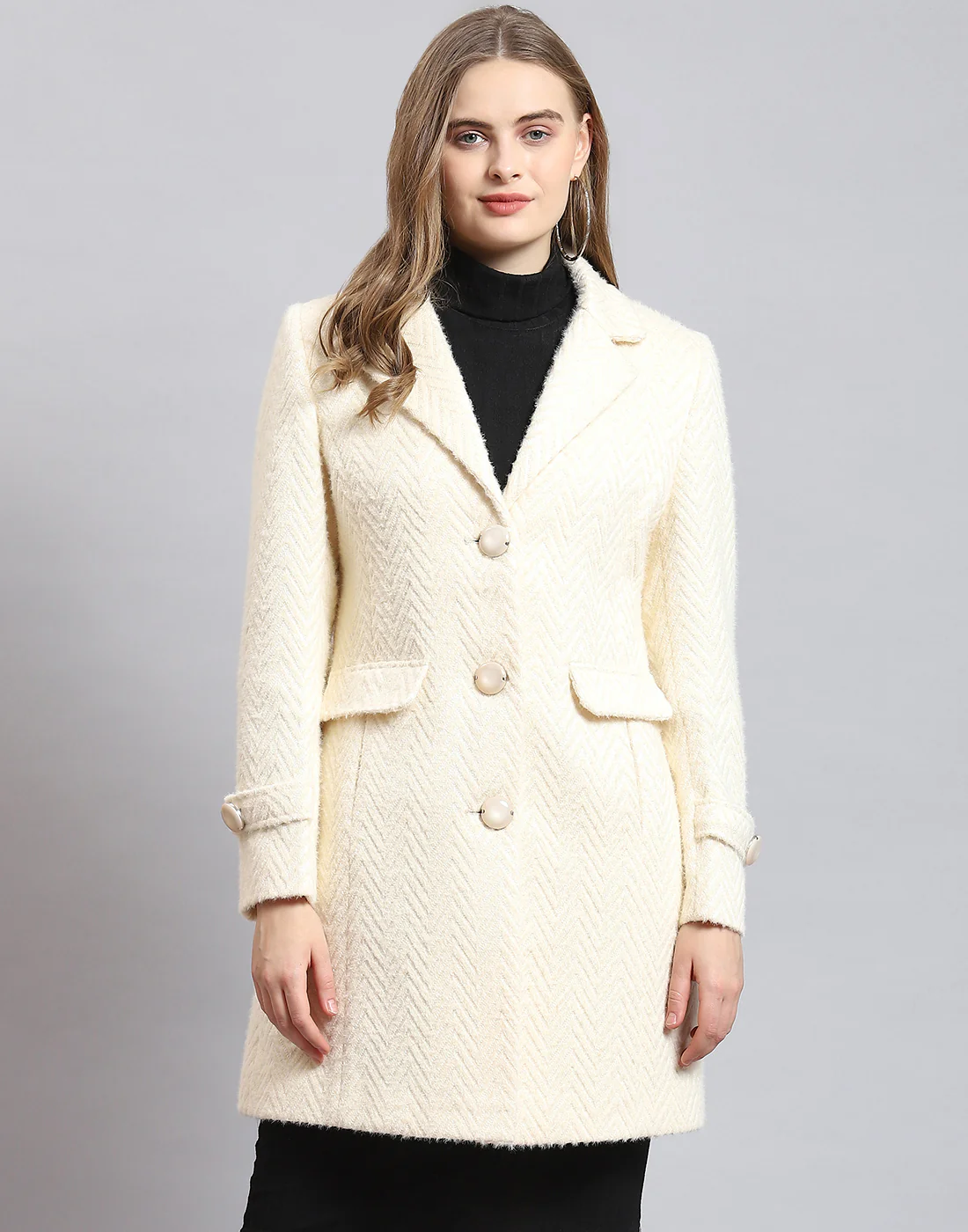 Women Beige Self Design Lapel Collar Full Sleeve Coat - Image 2