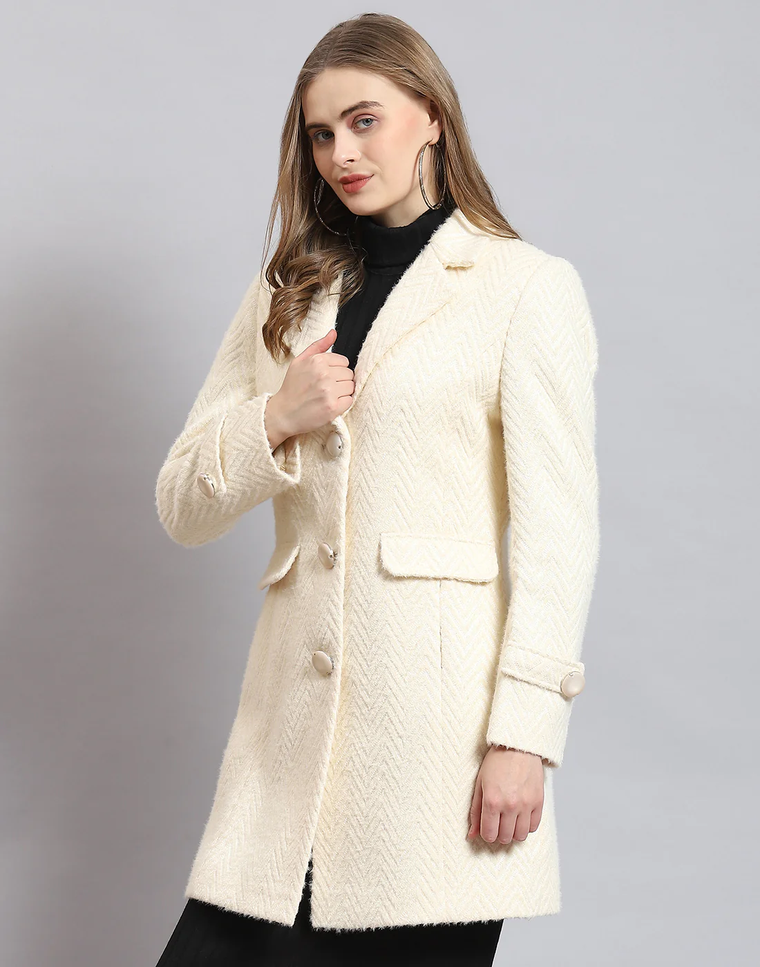 Women Beige Self Design Lapel Collar Full Sleeve Coat - Image 3