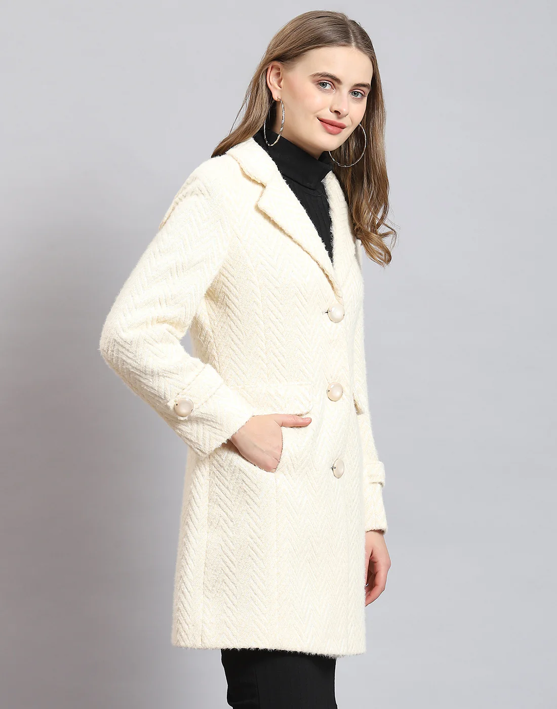 Women Beige Self Design Lapel Collar Full Sleeve Coat - Image 4