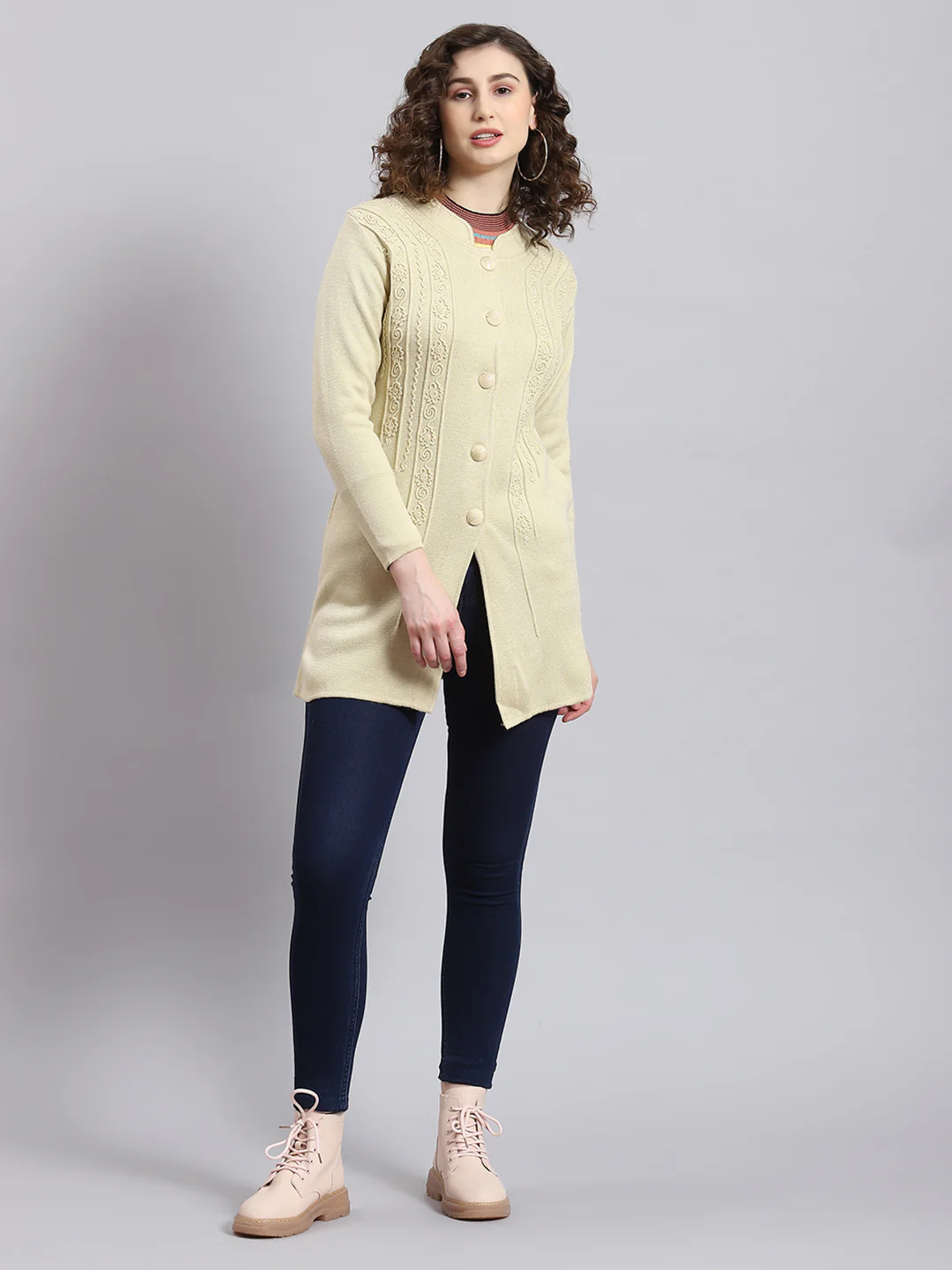 Women Beige Self Design Mandarin Collar Full Sleeve Coat - Image 5