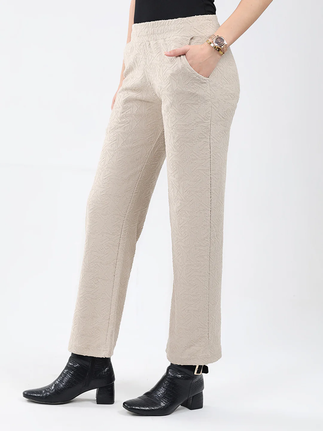 Women Beige Self Design Regular Fit Winter Lower - Image 3