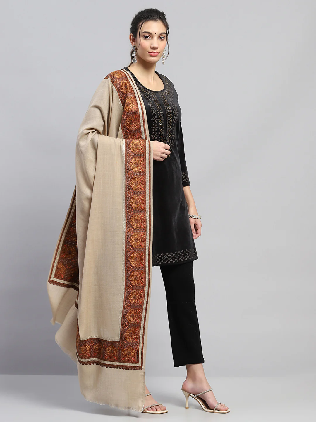Women Beige Self Design Reversible Shawl - Image 4