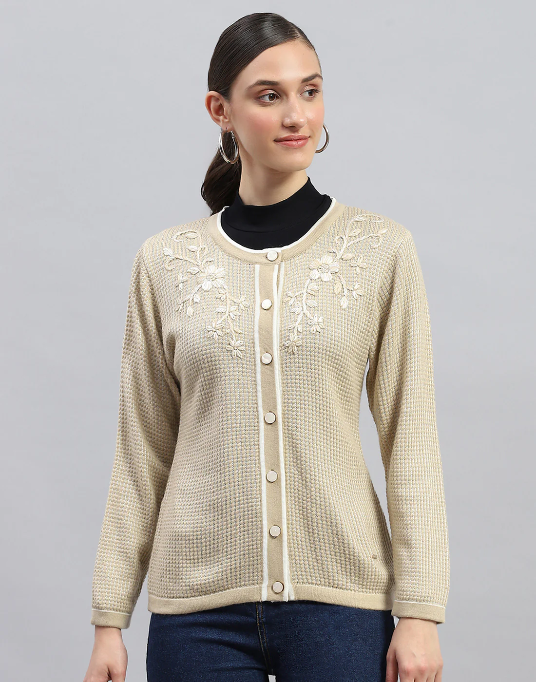 Women Beige Self Design Round Neck Full Sleeve Cardigan - Image 2