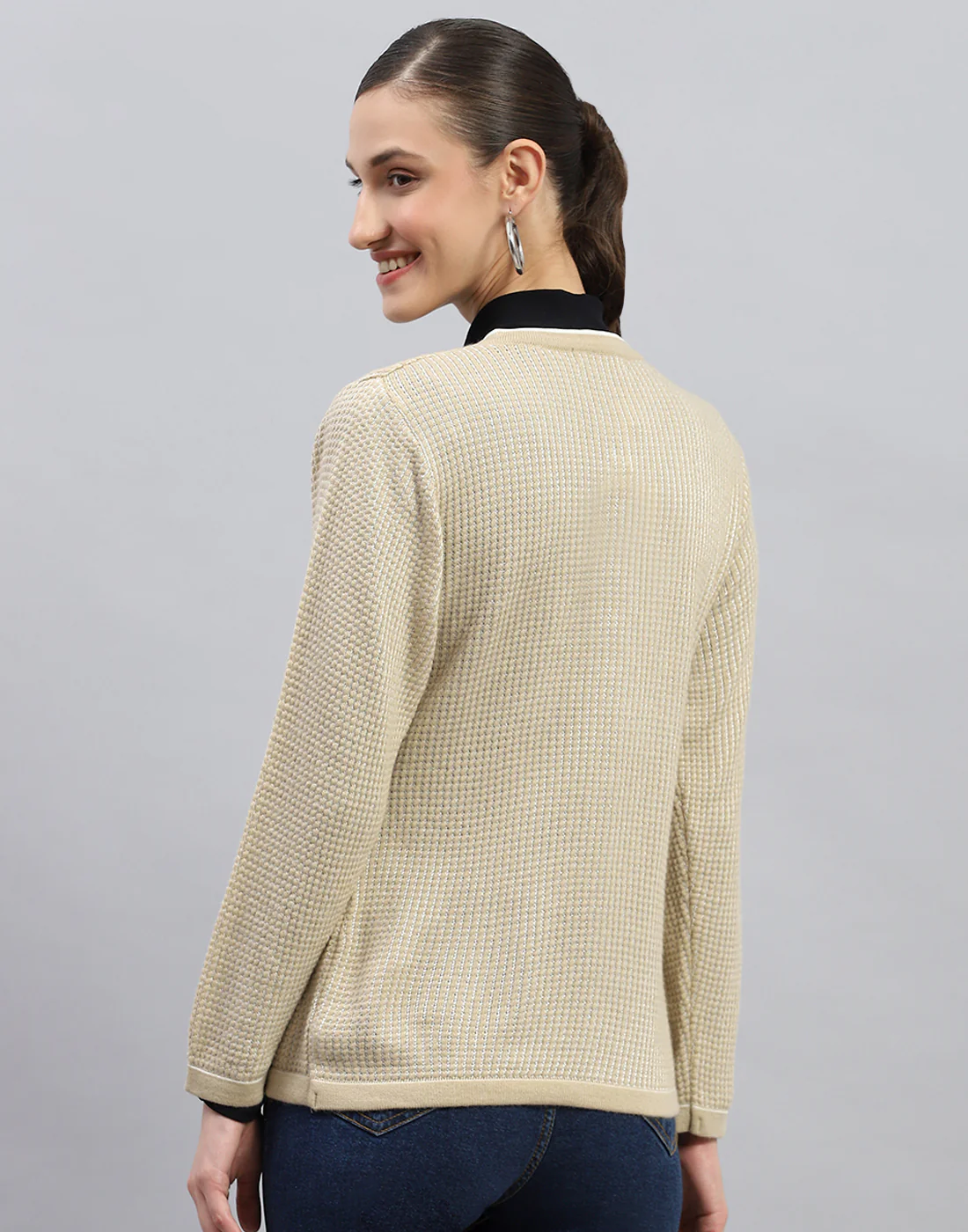 Women Beige Self Design Round Neck Full Sleeve Cardigan - Image 5