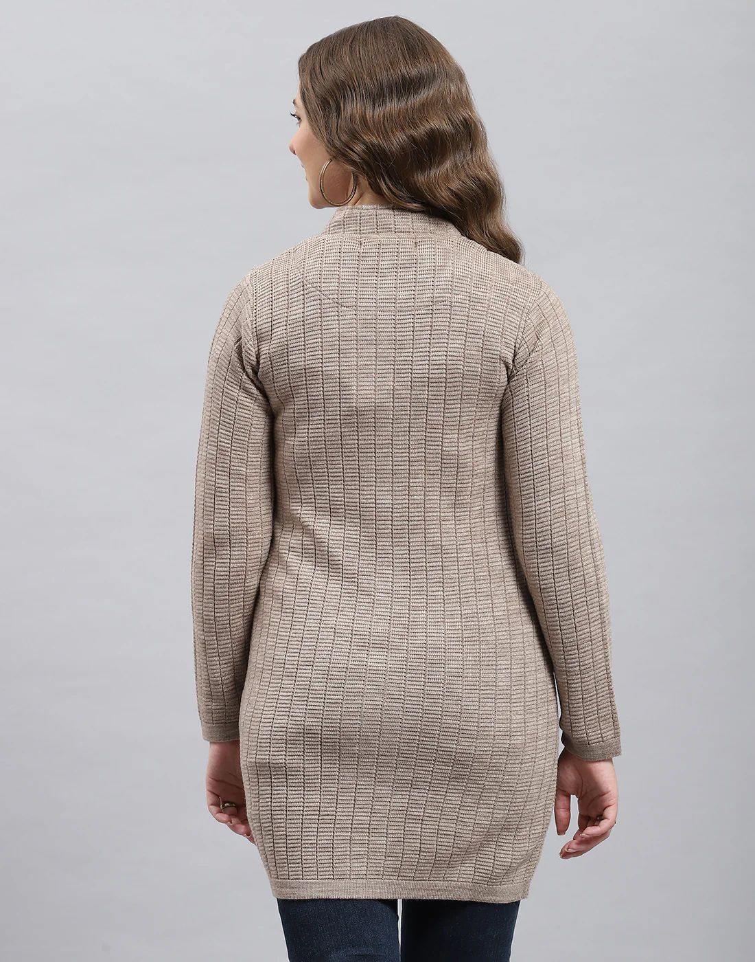 Women Beige Self Design Round Neck Full Sleeve Knitted coat - Image 5