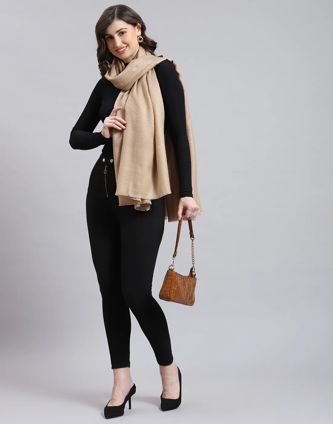 Women Beige Self Design Shawl - Image 2