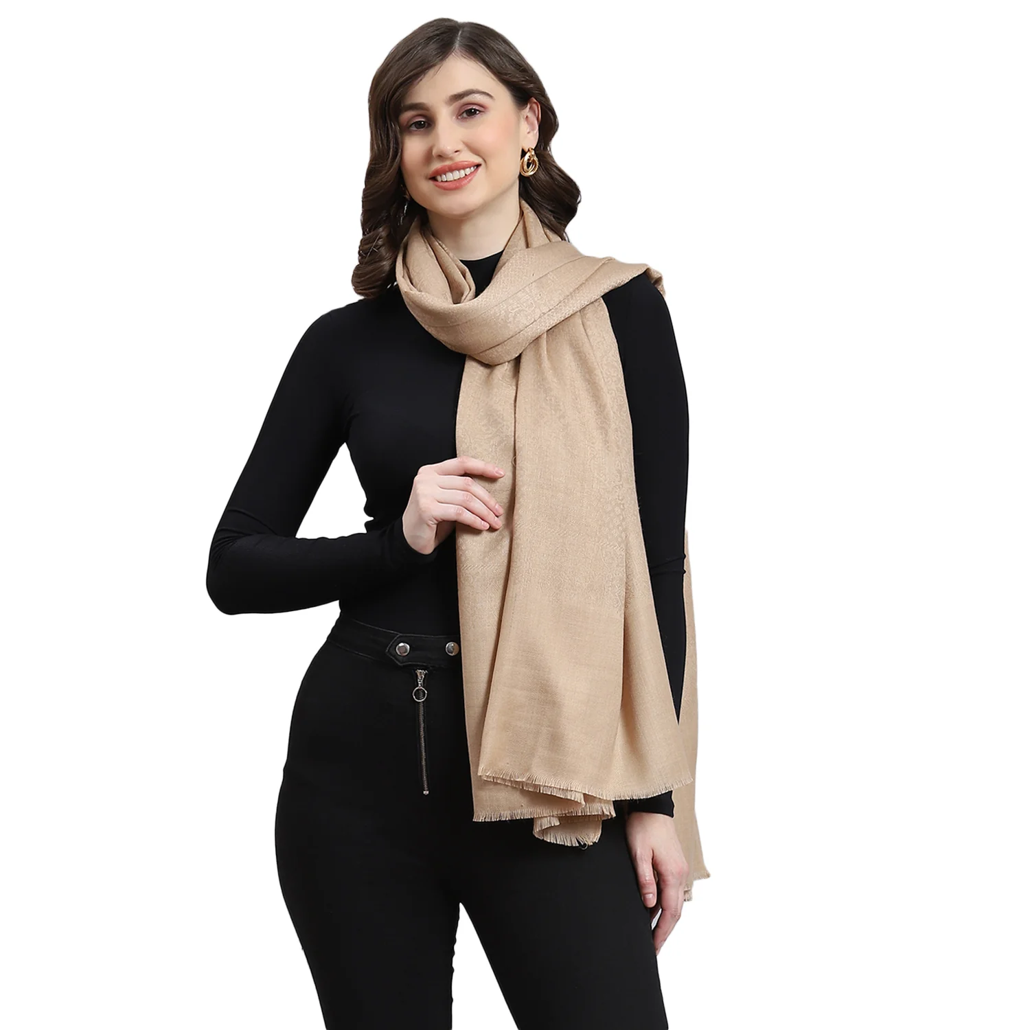Women Beige Self Design Shawl - Image 6