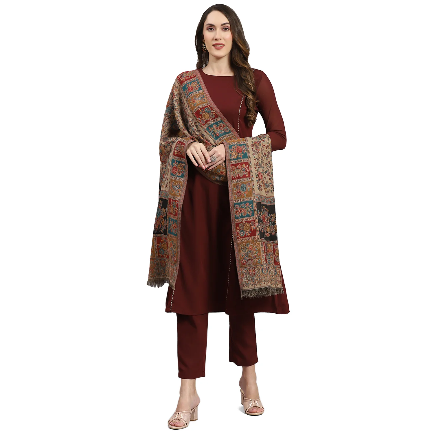 Women Beige Self Design Shawl - Image 5