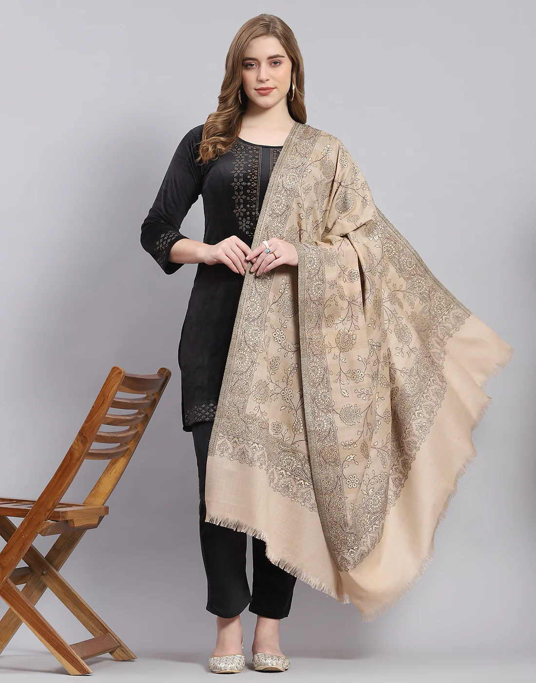 Women Beige Self Design Shawl - Image 2