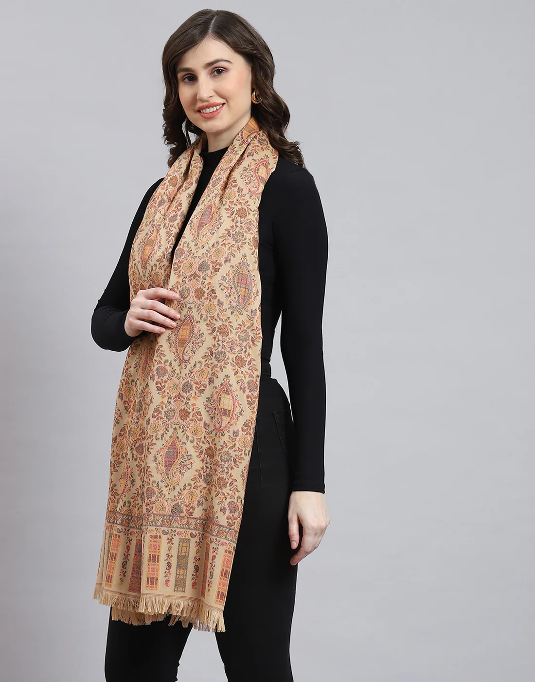 Women Beige Self Design Shawl - Image 3