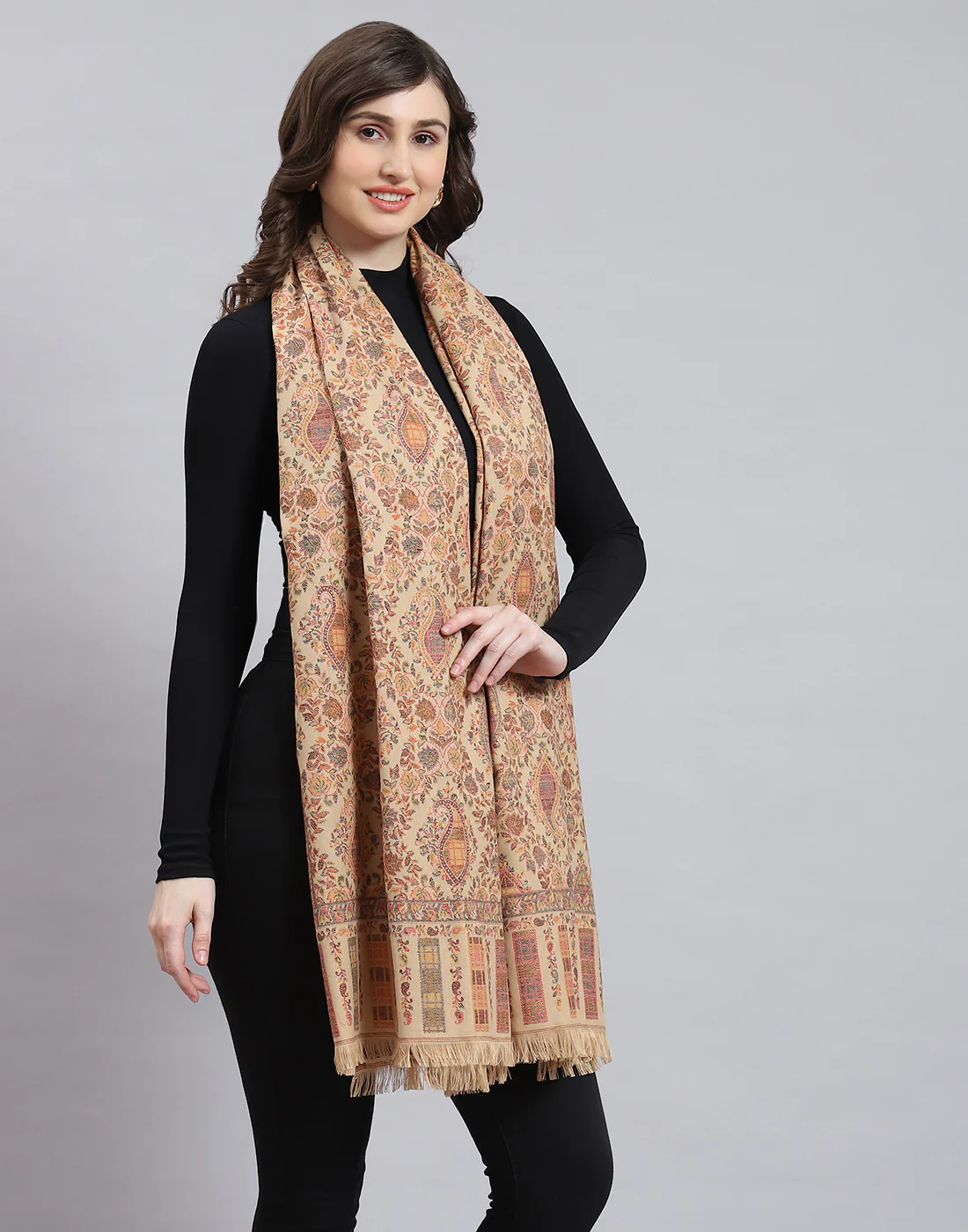 Women Beige Self Design Shawl - Image 4