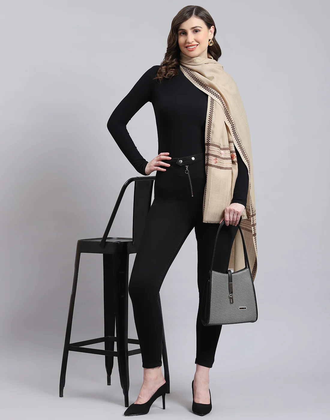 Women Beige Self Design Shawl - Image 2