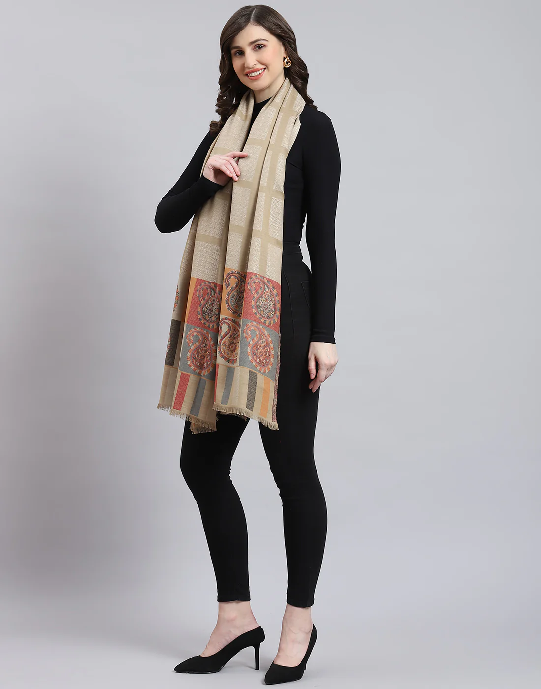 Women Beige Self Design Shawl - Image 3