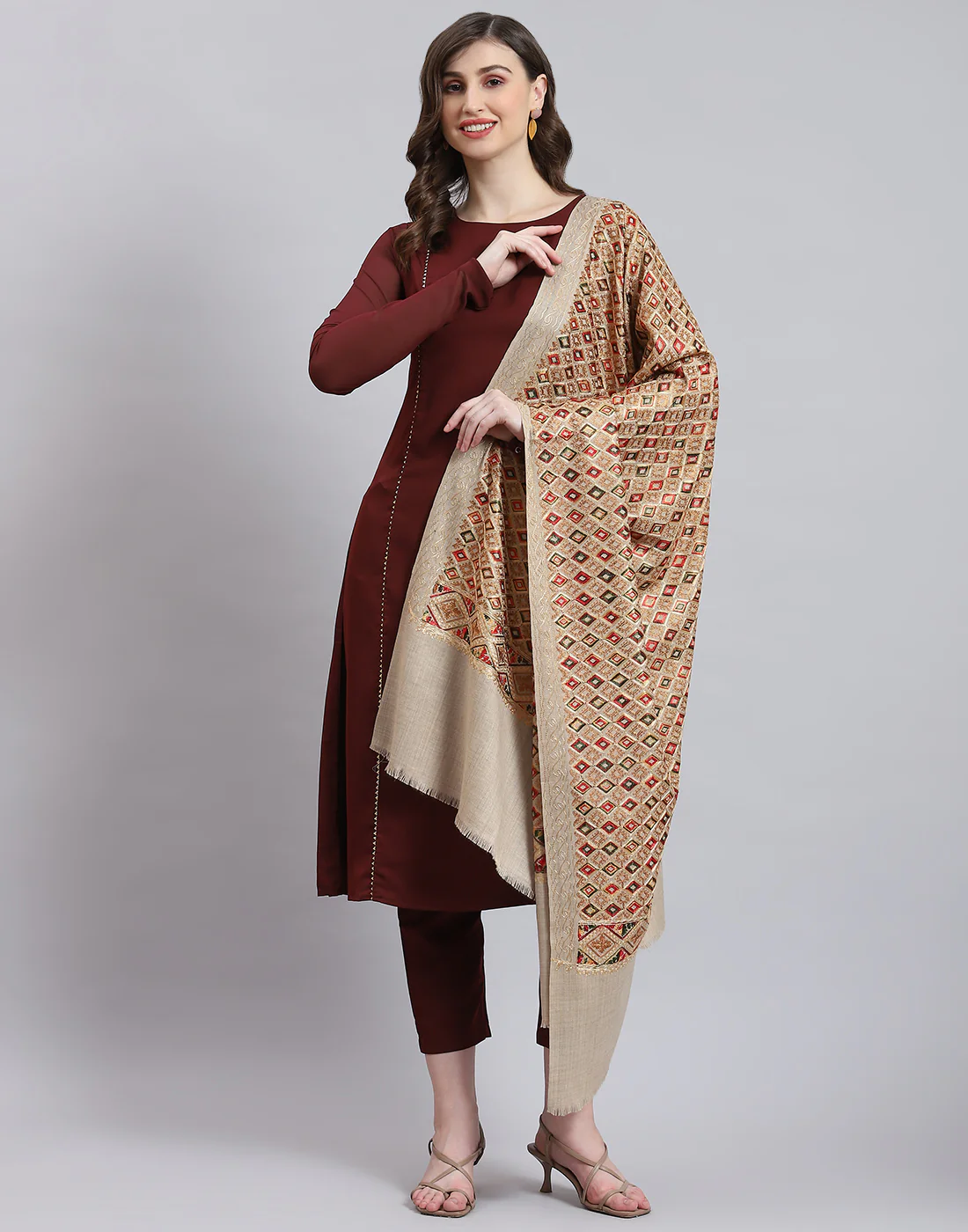 Women Beige Self Design Shawl - Image 2
