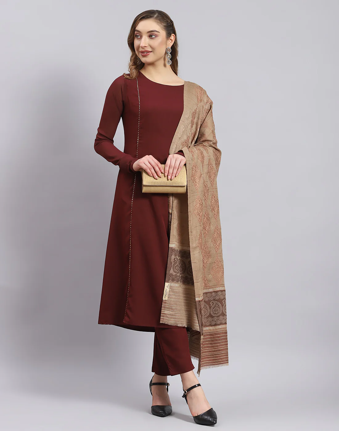 Women Beige Self Design Shawl - Image 2