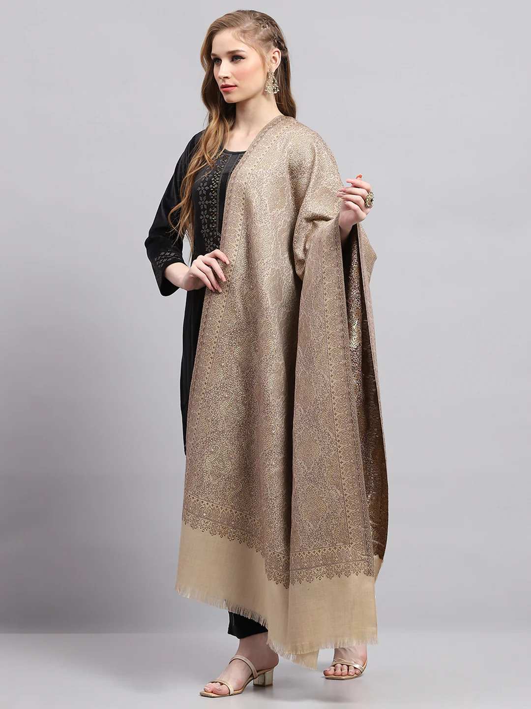 Women Beige Self Design Shawl - Image 3